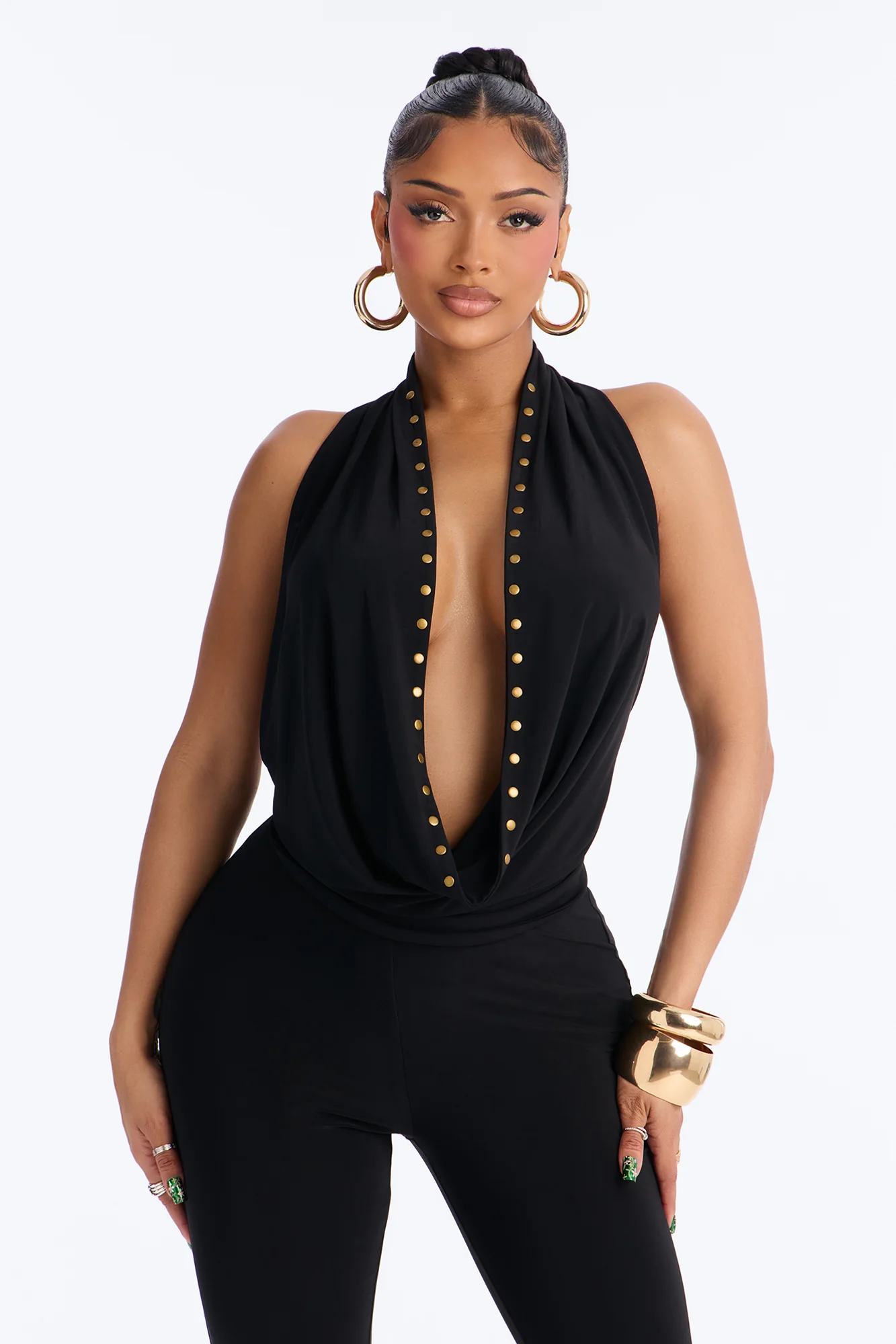 Jade Cowl Neck Studded Capri Pant Set - Black - Image 2