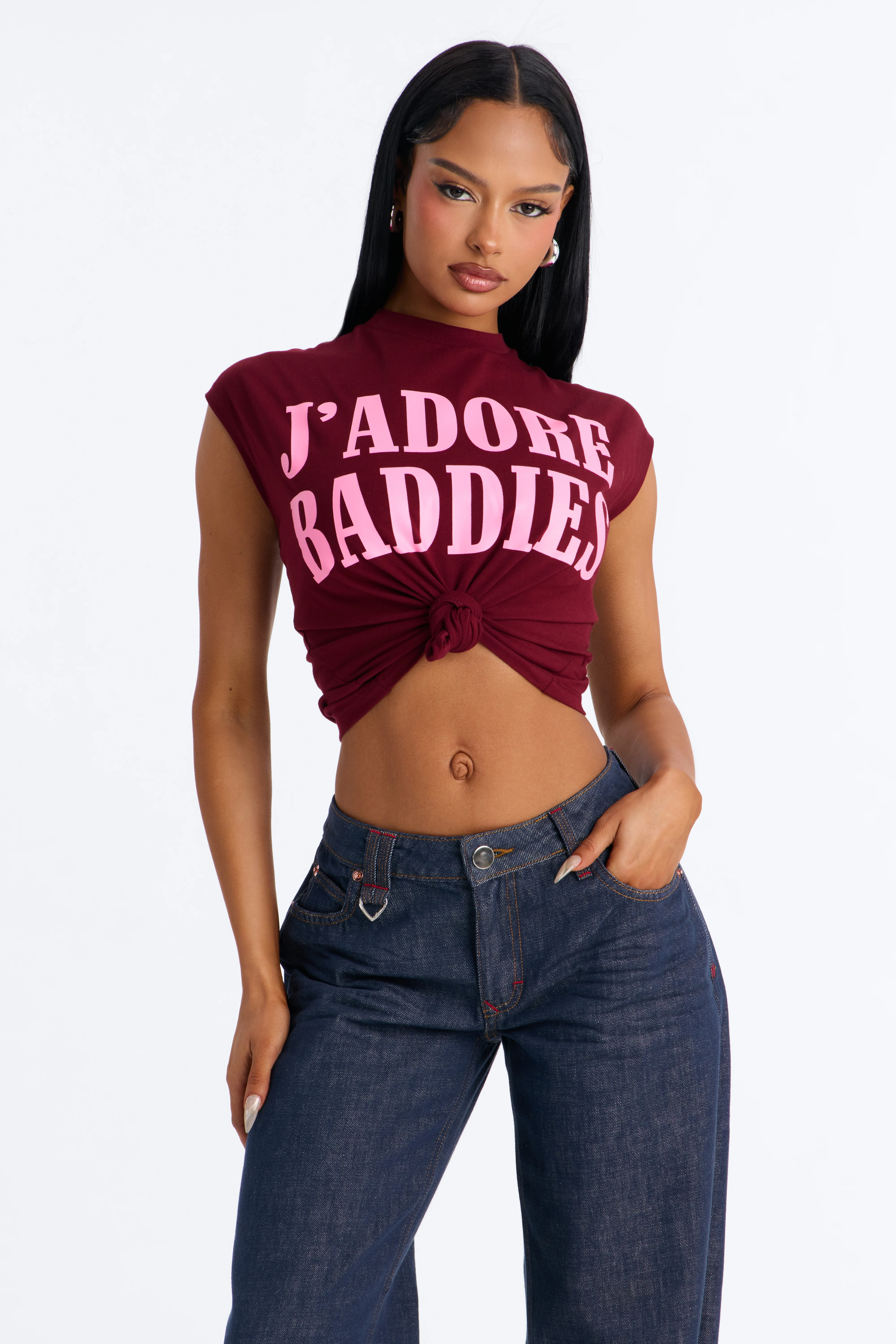 J'Adore Baddies Tie Front Muscle Tank - Burgundy