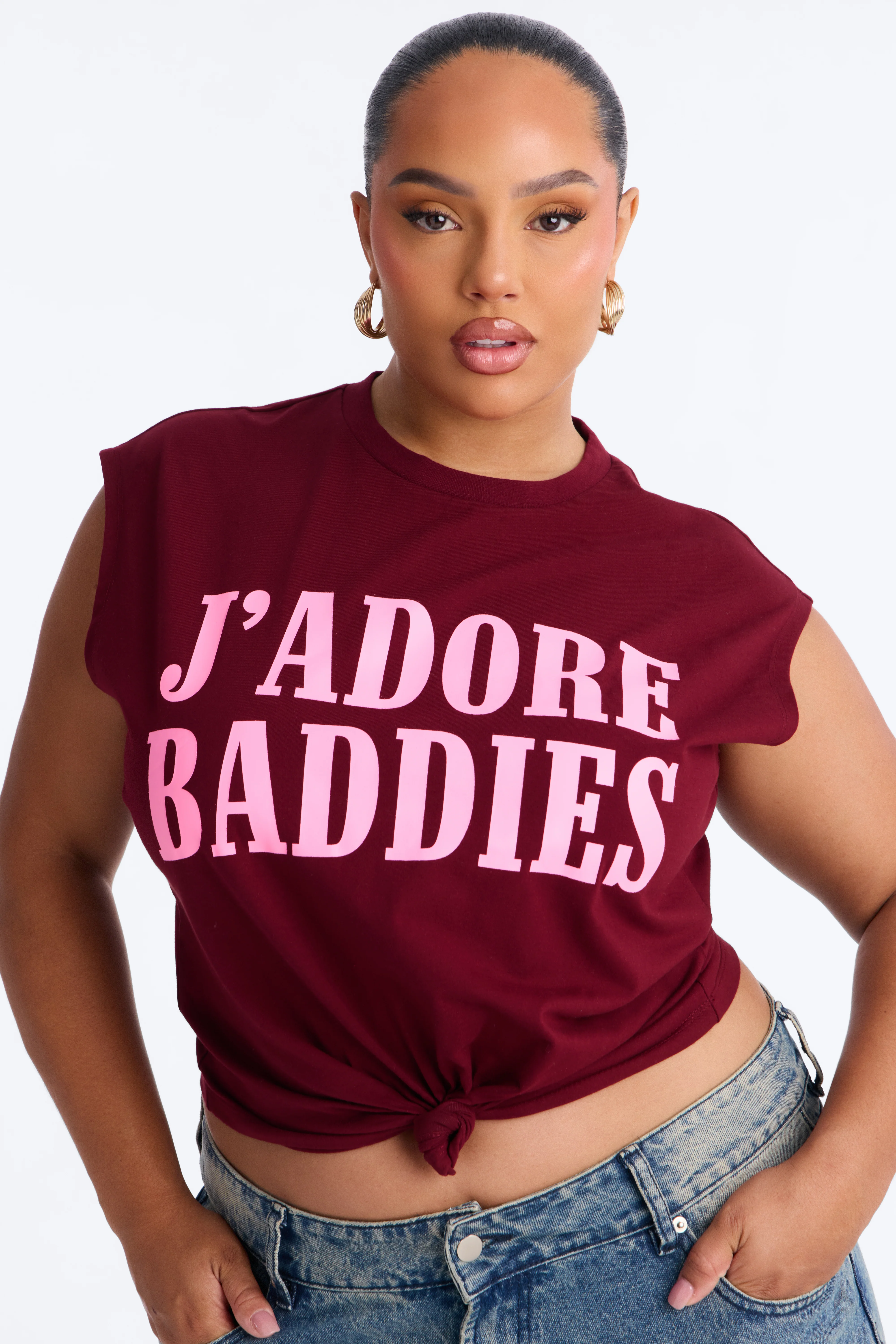 J'Adore Baddies Tie Front Muscle Tank - Burgundy - Image 5