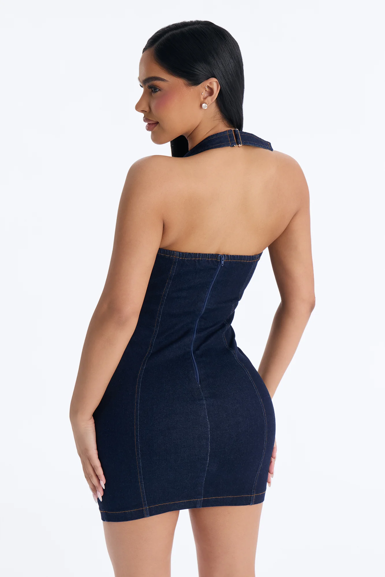 Jae Rae Halter Stretch Denim Micro Mini Dress - Dark Wash - Image 4