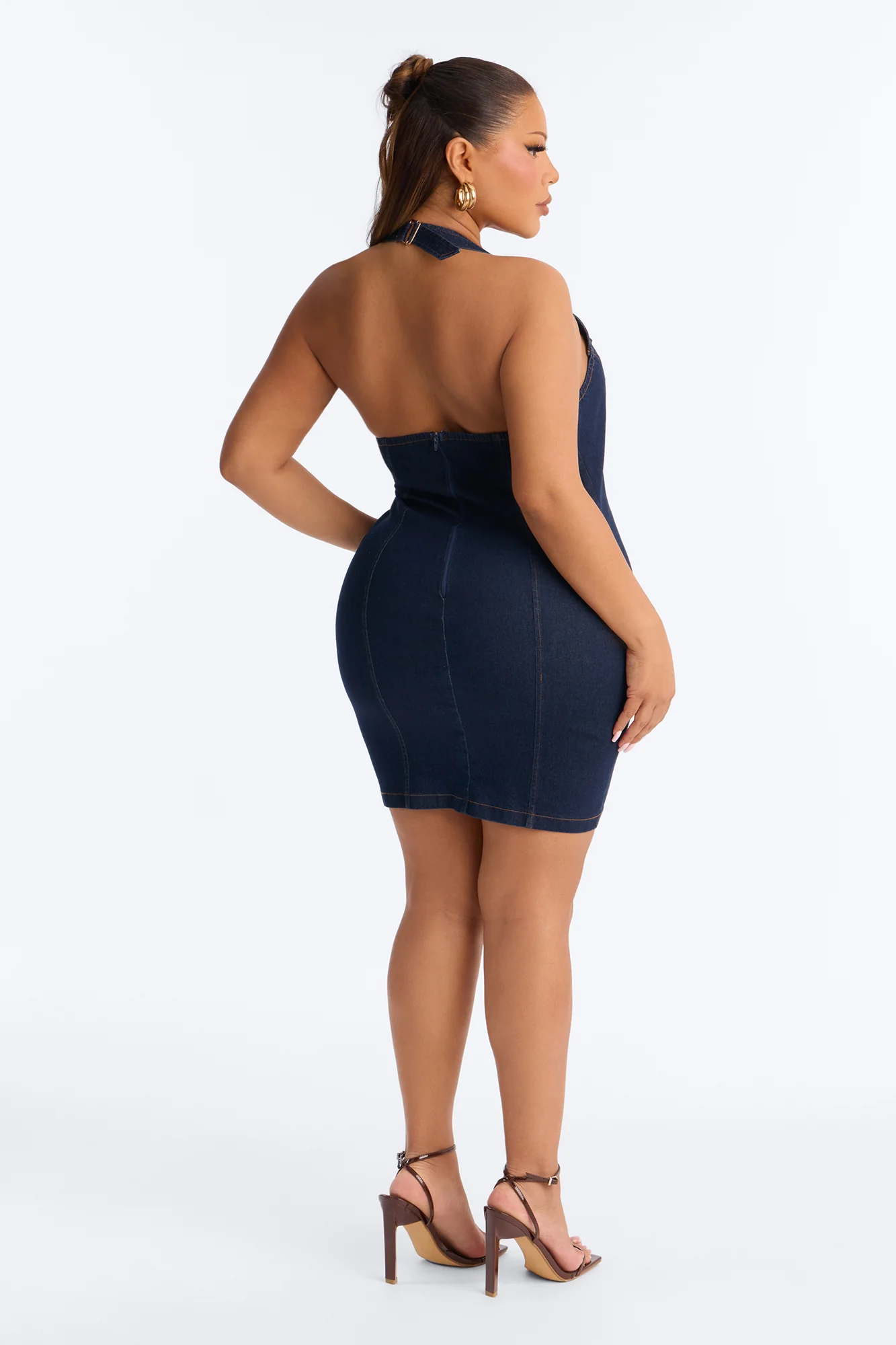 Jae Rae Halter Stretch Denim Micro Mini Dress - Dark Wash - Image 9