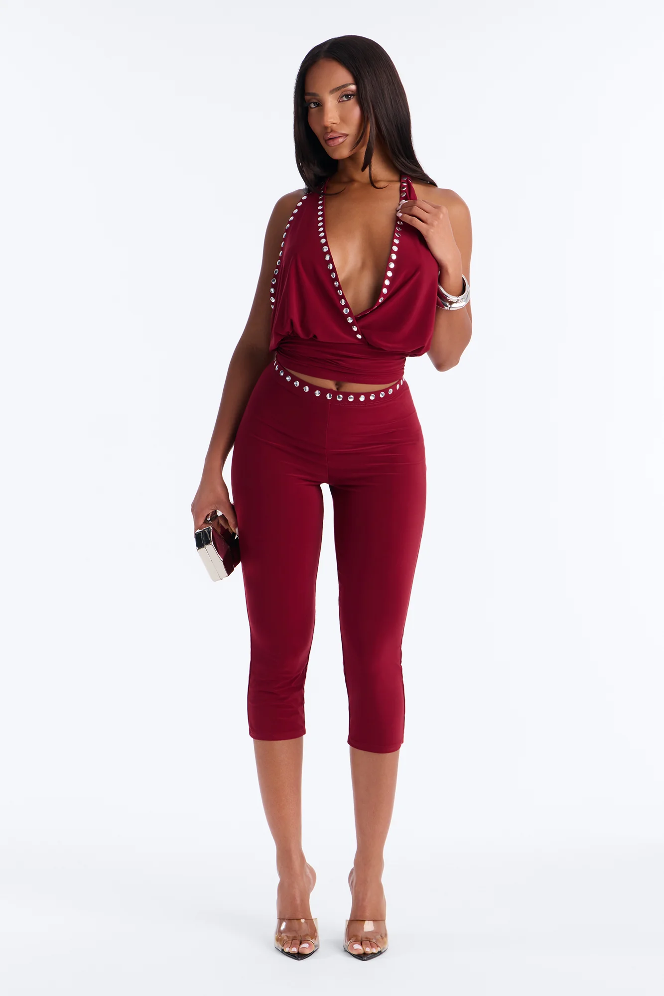 Jalene Halter Studded Capri Set - Burgundy