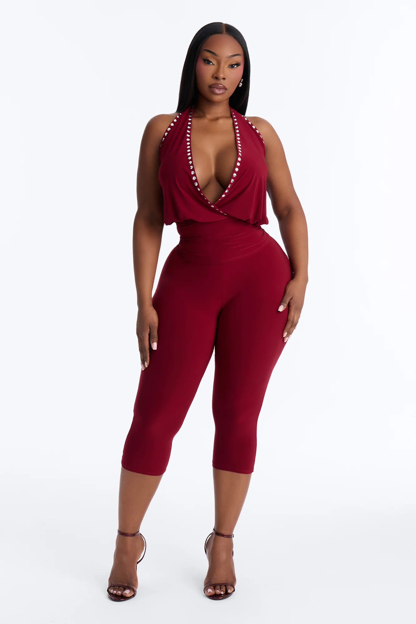 Jalene Halter Studded Capri Set - Burgundy - Image 5