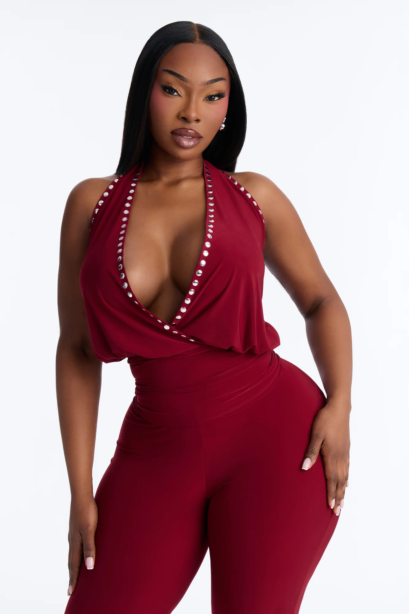 Jalene Halter Studded Capri Set - Burgundy - Image 6