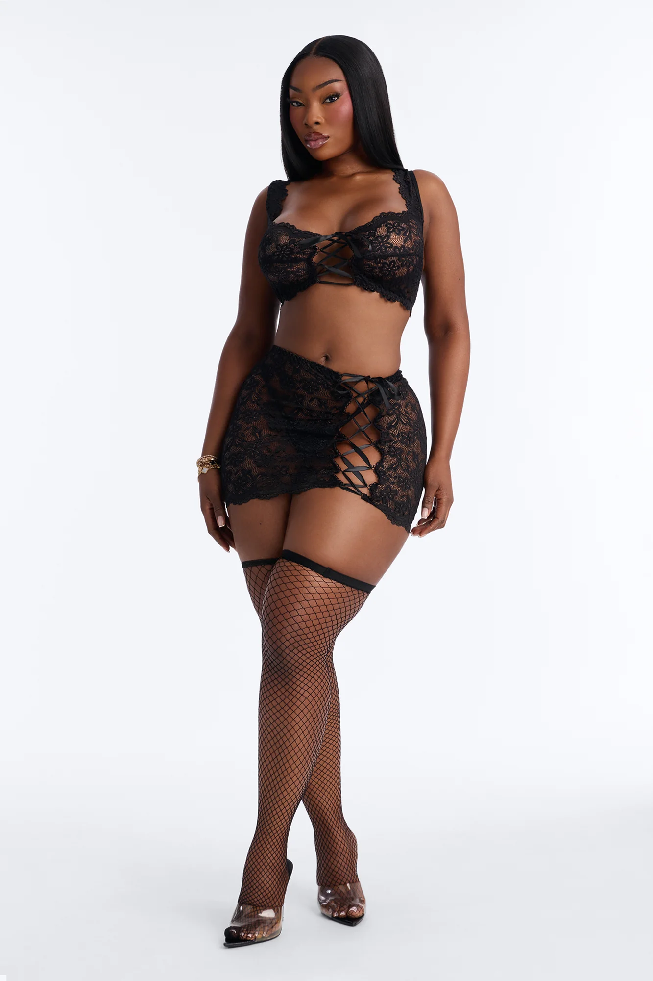 Jane Lace 3 Piece Bra And Panty Skirt Set - Black - Image 5