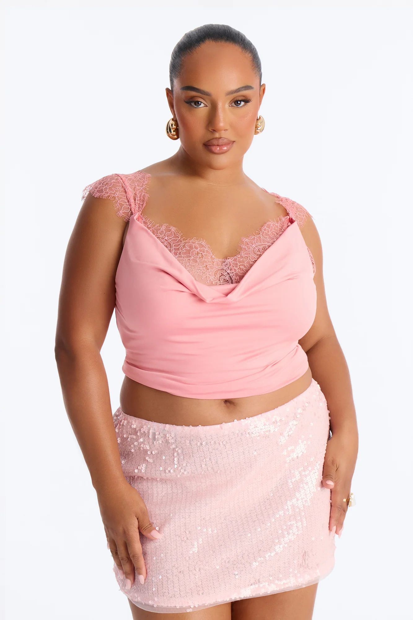 Janet Lace Trim Cowl Tank Top - Pink - Image 5
