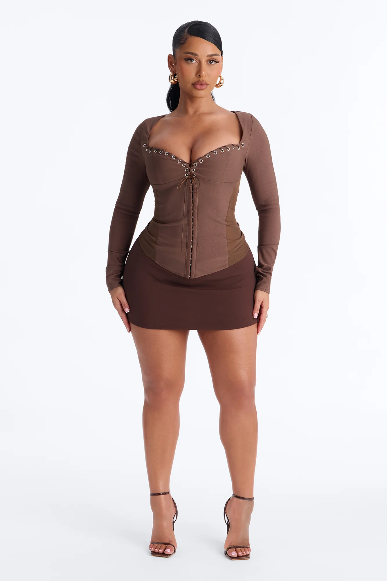 Janet Lace Up Corset Long Sleeve Top - Chocolate - Image 2