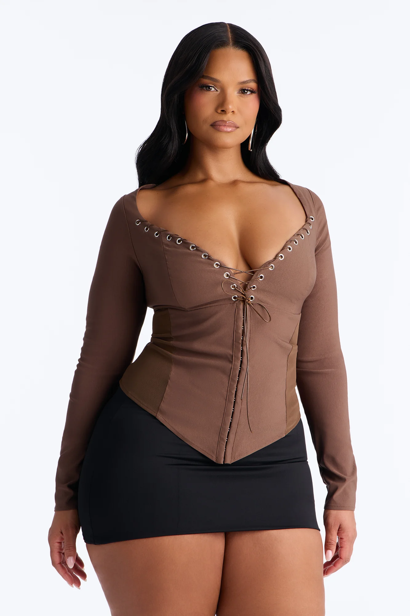 Janet Lace Up Corset Long Sleeve Top - Chocolate - Image 5