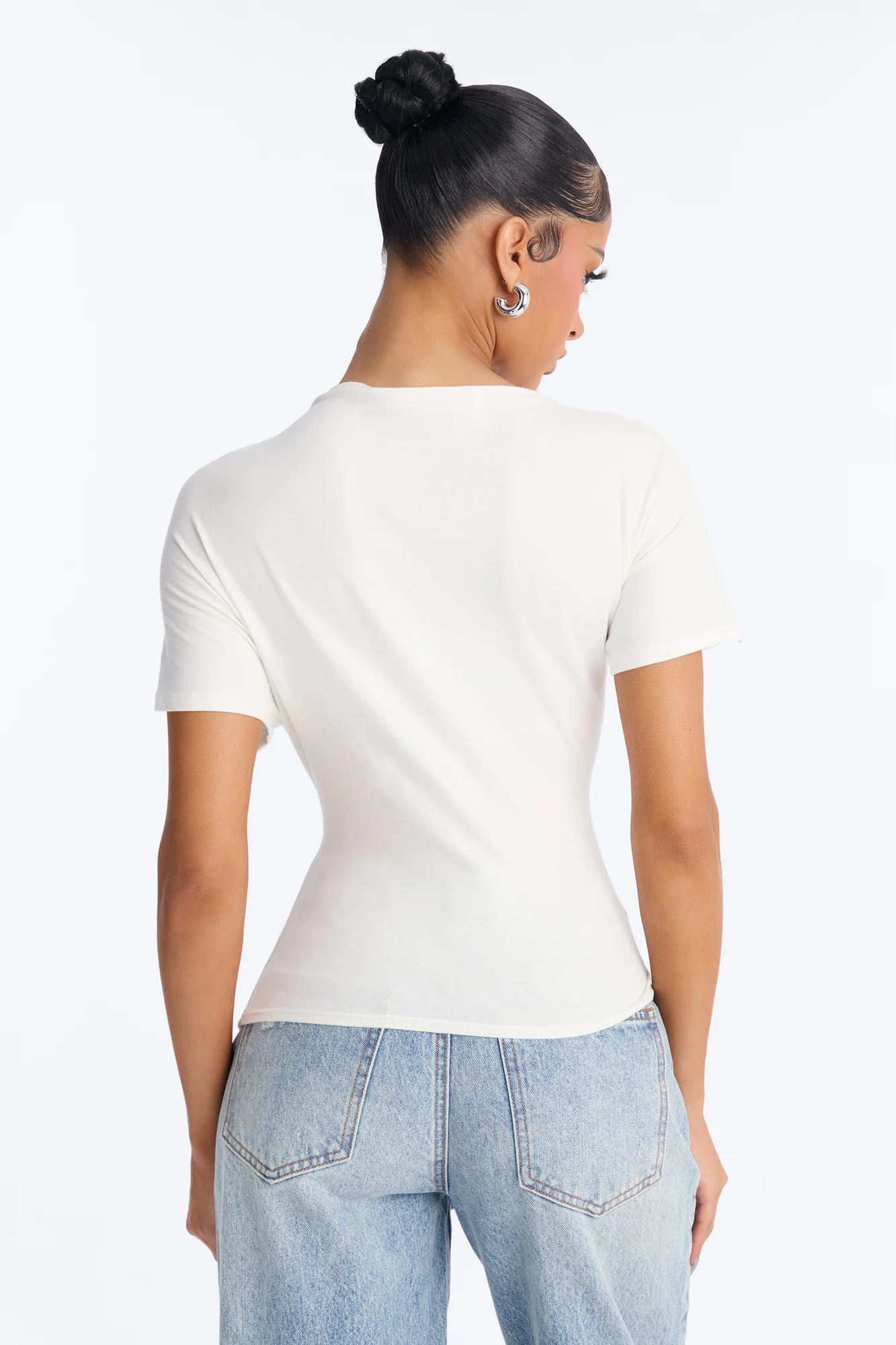 Janice Ruched Mock Neck Short Sleeve Tee - White - Image 3