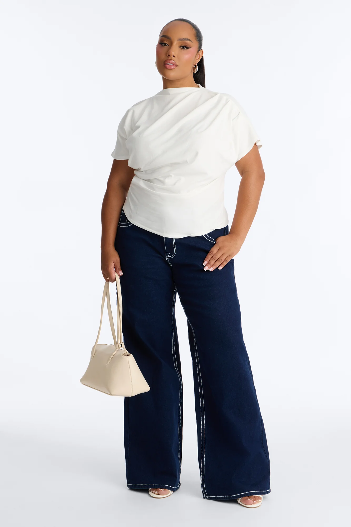 Janice Ruched Mock Neck Short Sleeve Tee - White - Image 4