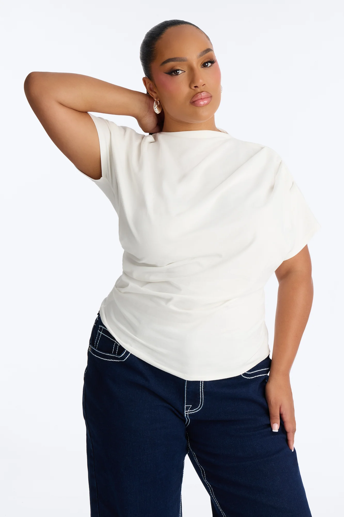Janice Ruched Mock Neck Short Sleeve Tee - White - Image 5