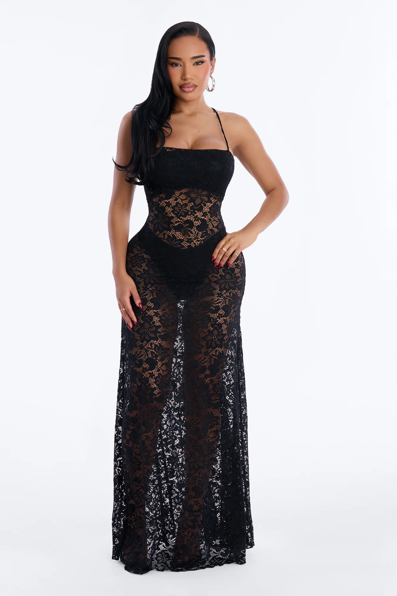 Jaylin Sheer Lace Maxi Dress - Black
