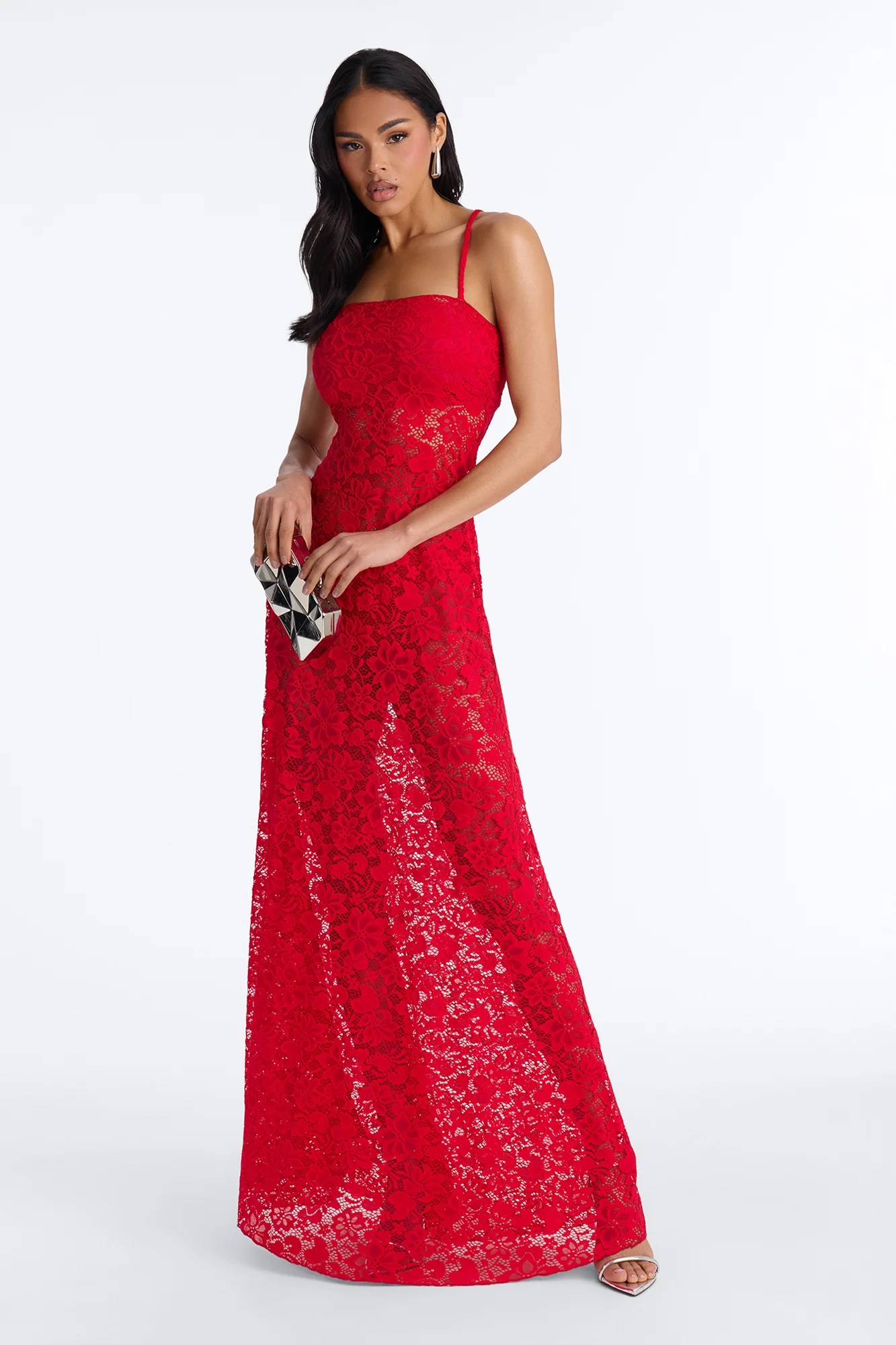 Jaylin Sheer Lace Maxi Dress - Red