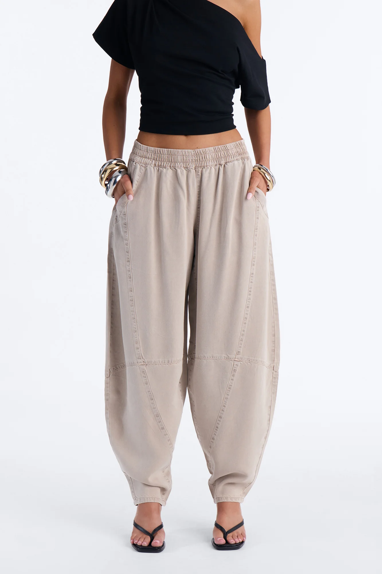 Jeannie Mid Rise Washed Barrel Pants - Stone - Image 2