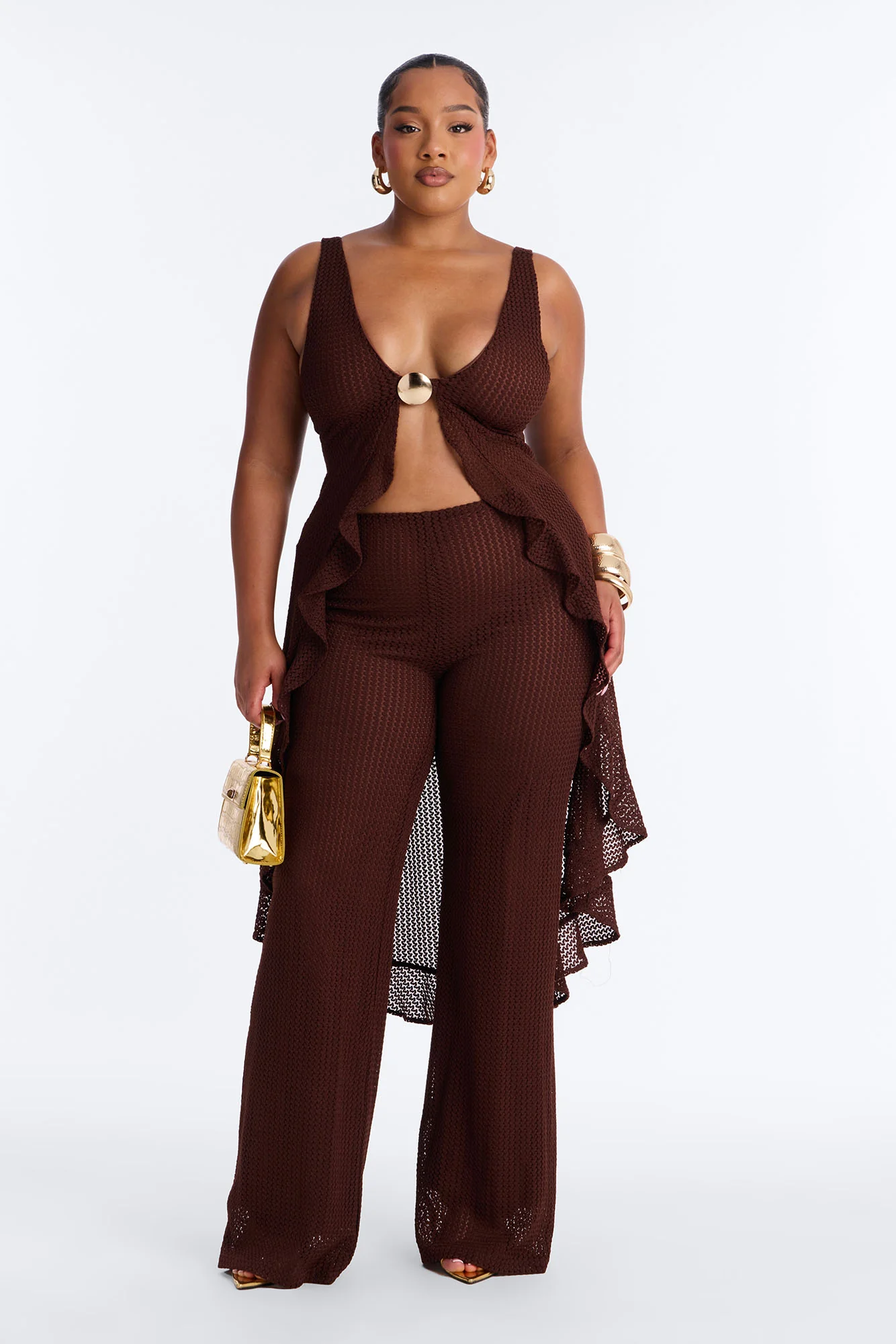 Jenni Flowy Crochet Pant Set - Chocolate - Image 5