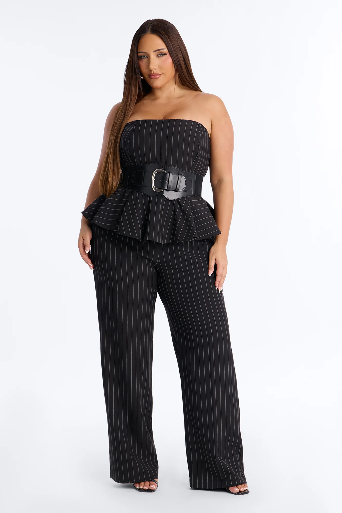 Jessa Pinstripe Belted Wide Leg - Black - Image 5