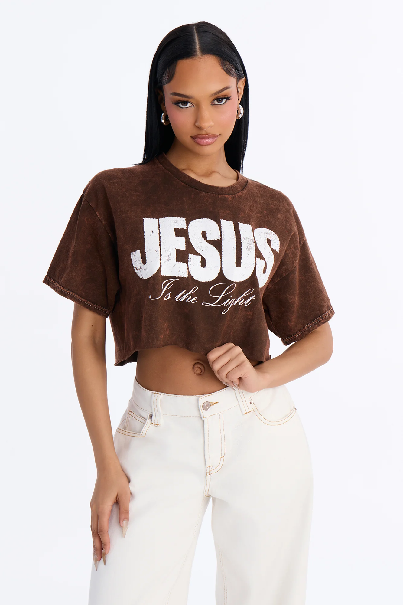 Jesus Is The Light Washed Cropped Tee - Brown