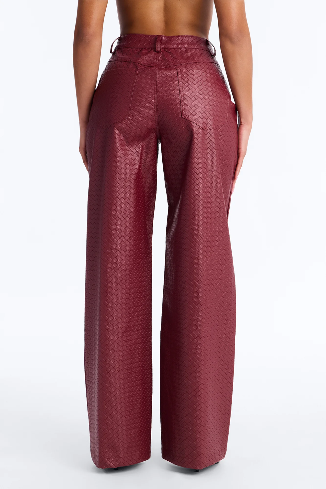 Jewel Mid Rise Weave Embossed Faux Leather Wide Leg Pant - Wine - Image 4