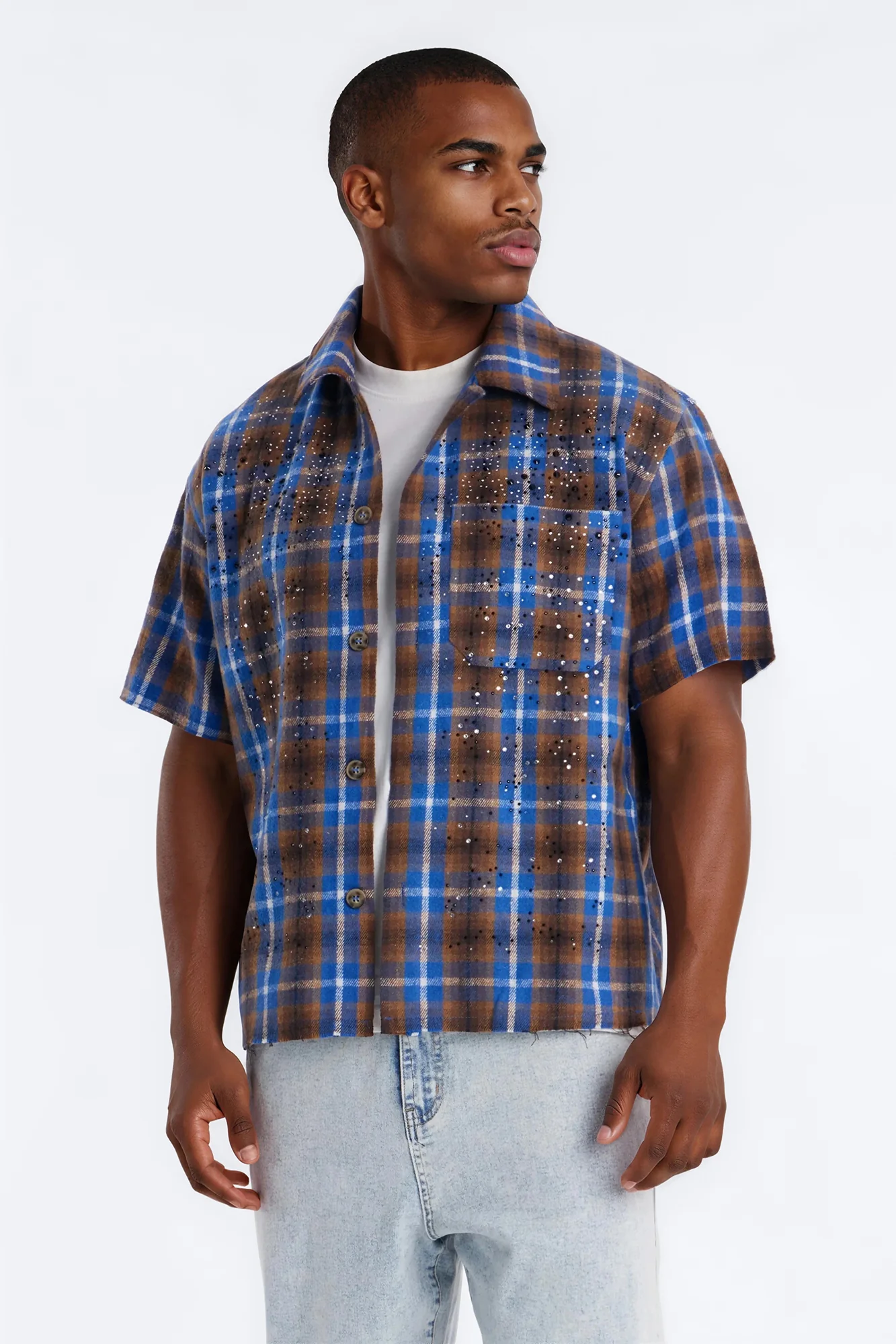 Jeweled Plaid Raw Hem Button Up Shirt - Blue - Image 3
