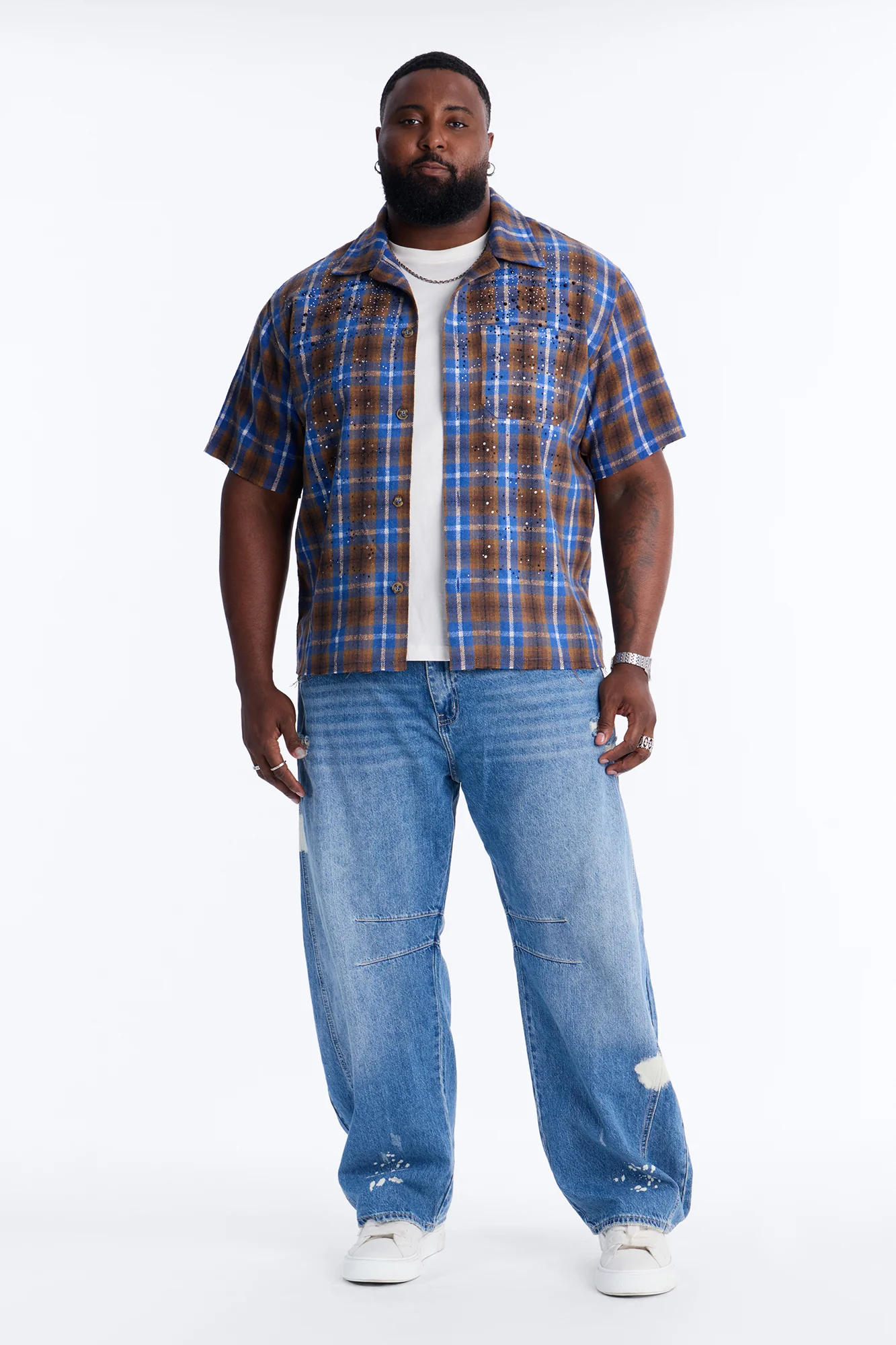 Jeweled Plaid Raw Hem Button Up Shirt - Blue - Image 6