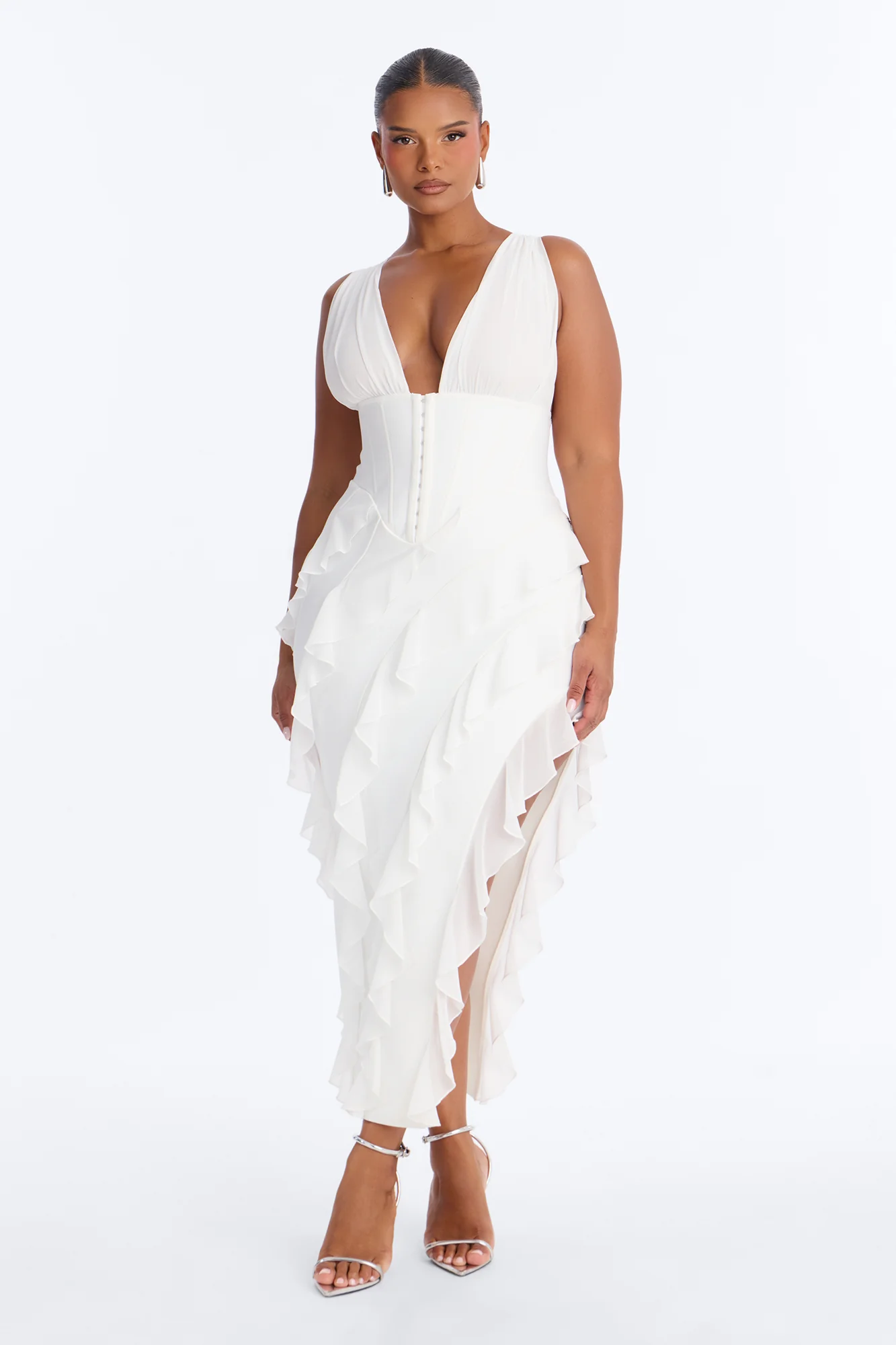 Jocelyn Bandage Ruffle Midi Dress - White - Image 5