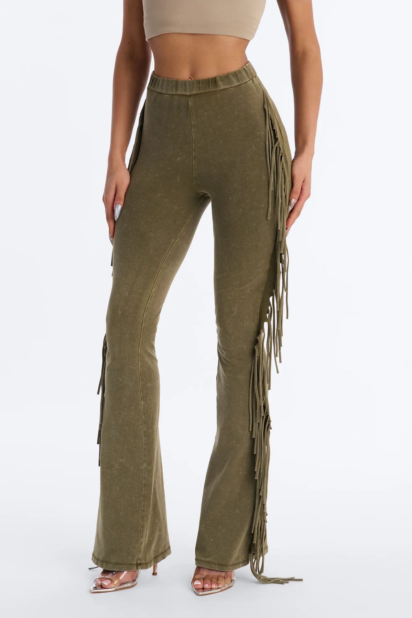 Josie Fringe Washed Mid Rise Flare Pant 33″ - Olive
