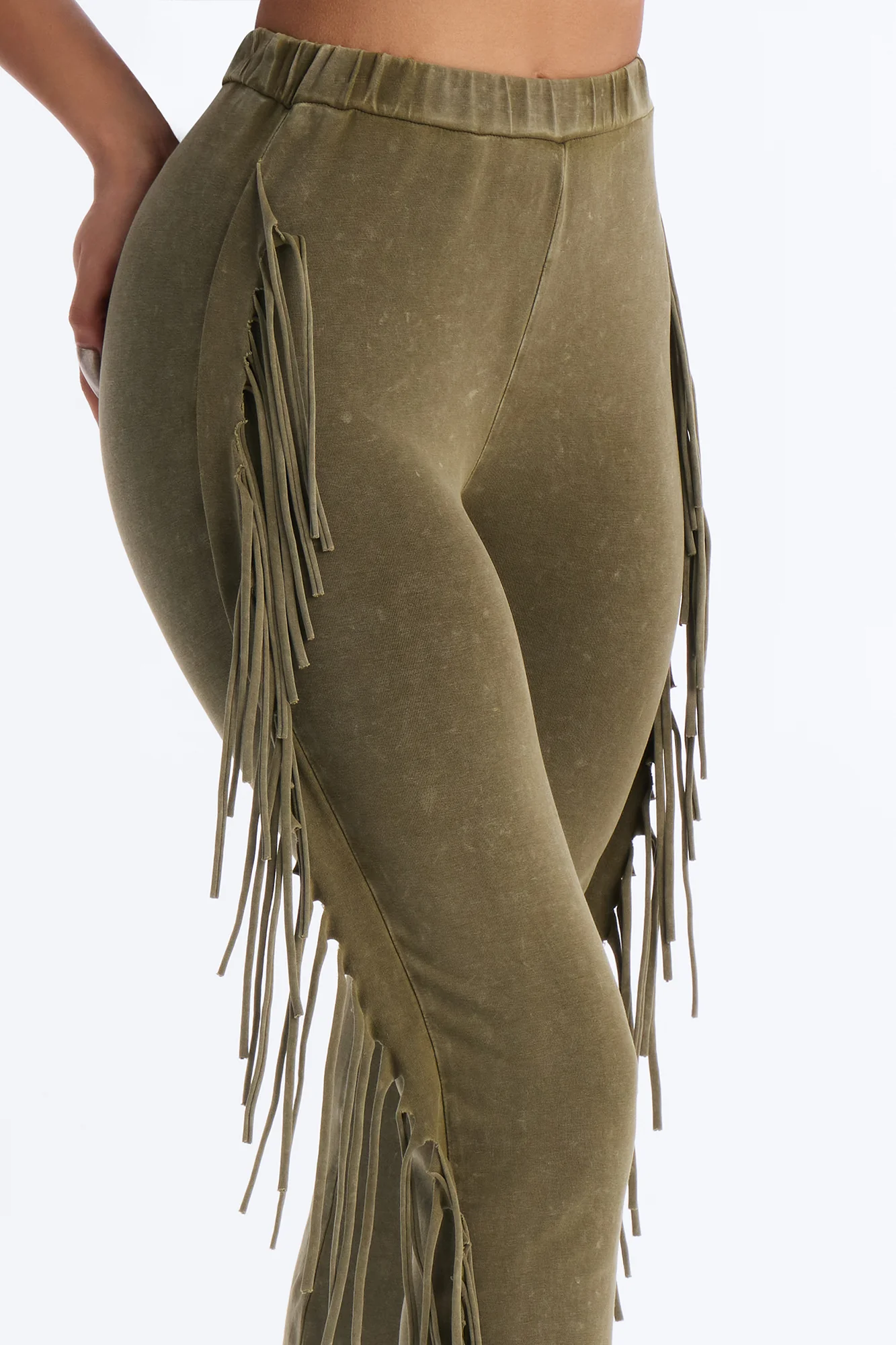 Josie Fringe Washed Mid Rise Flare Pant 33″ - Olive - Image 3
