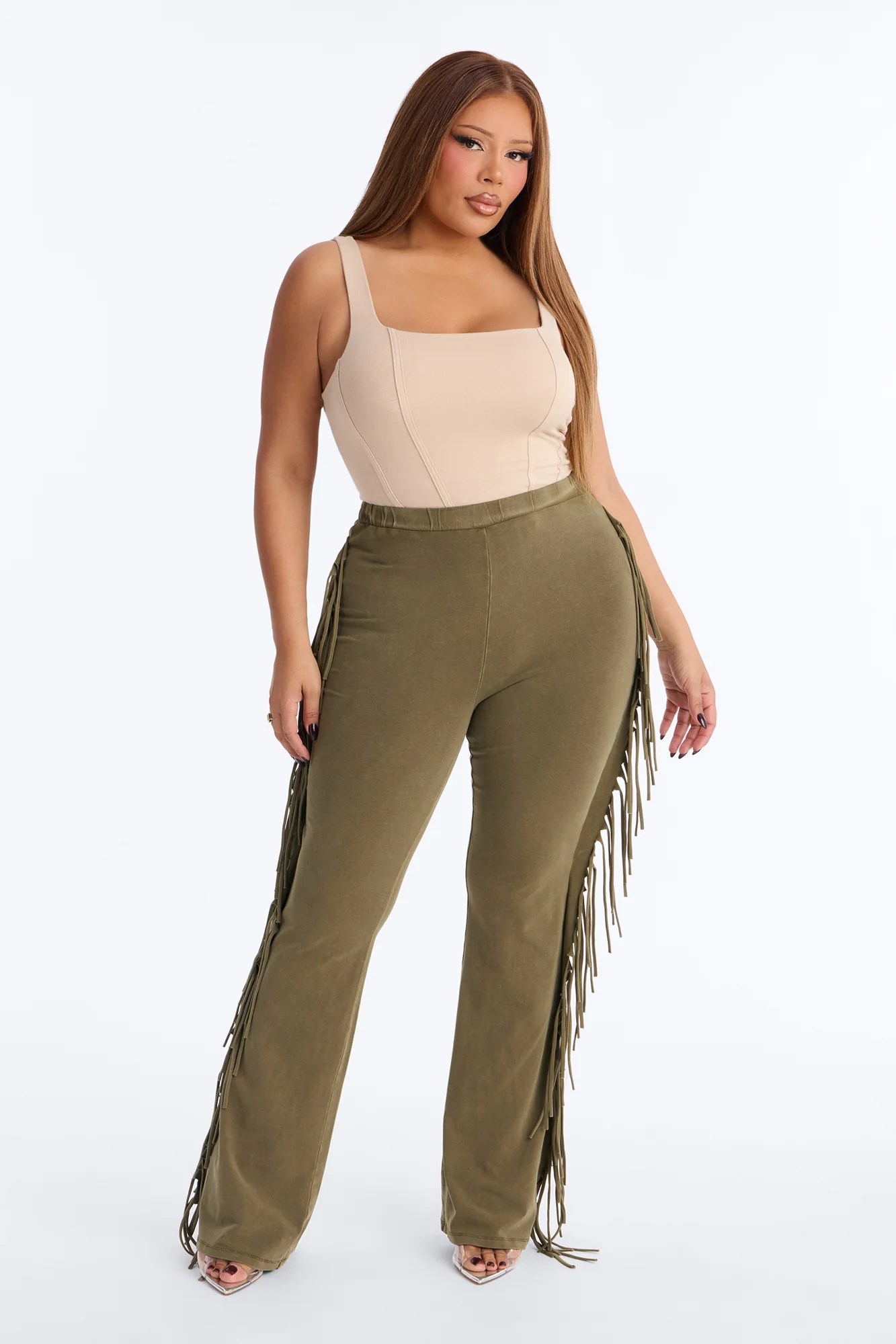 Josie Fringe Washed Mid Rise Flare Pant 33″ - Olive - Image 5