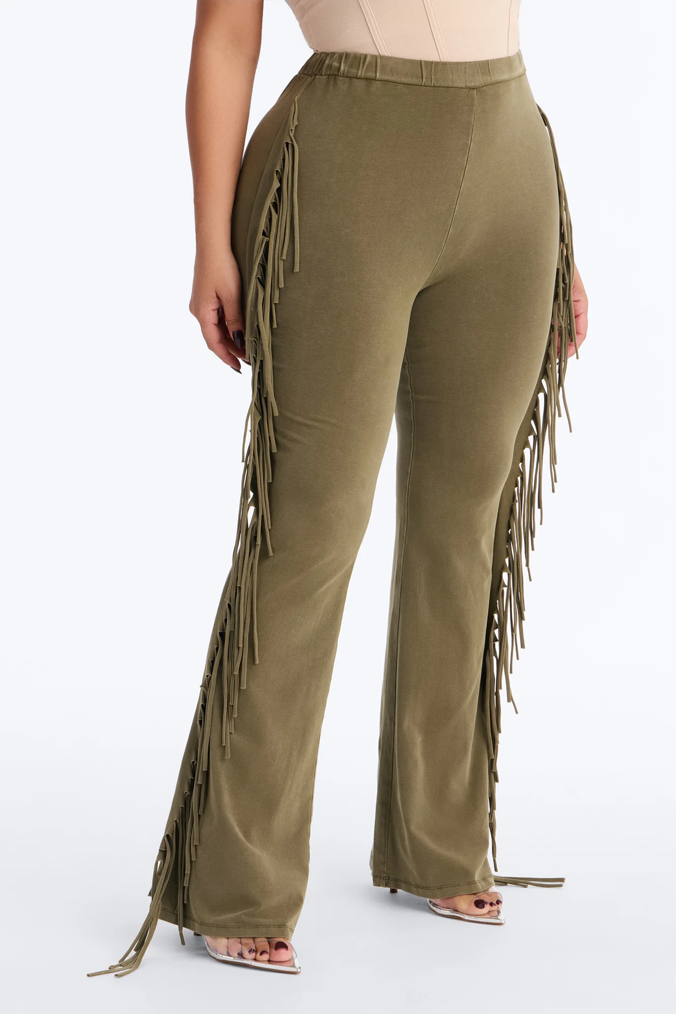 Josie Fringe Washed Mid Rise Flare Pant 33″ - Olive - Image 6