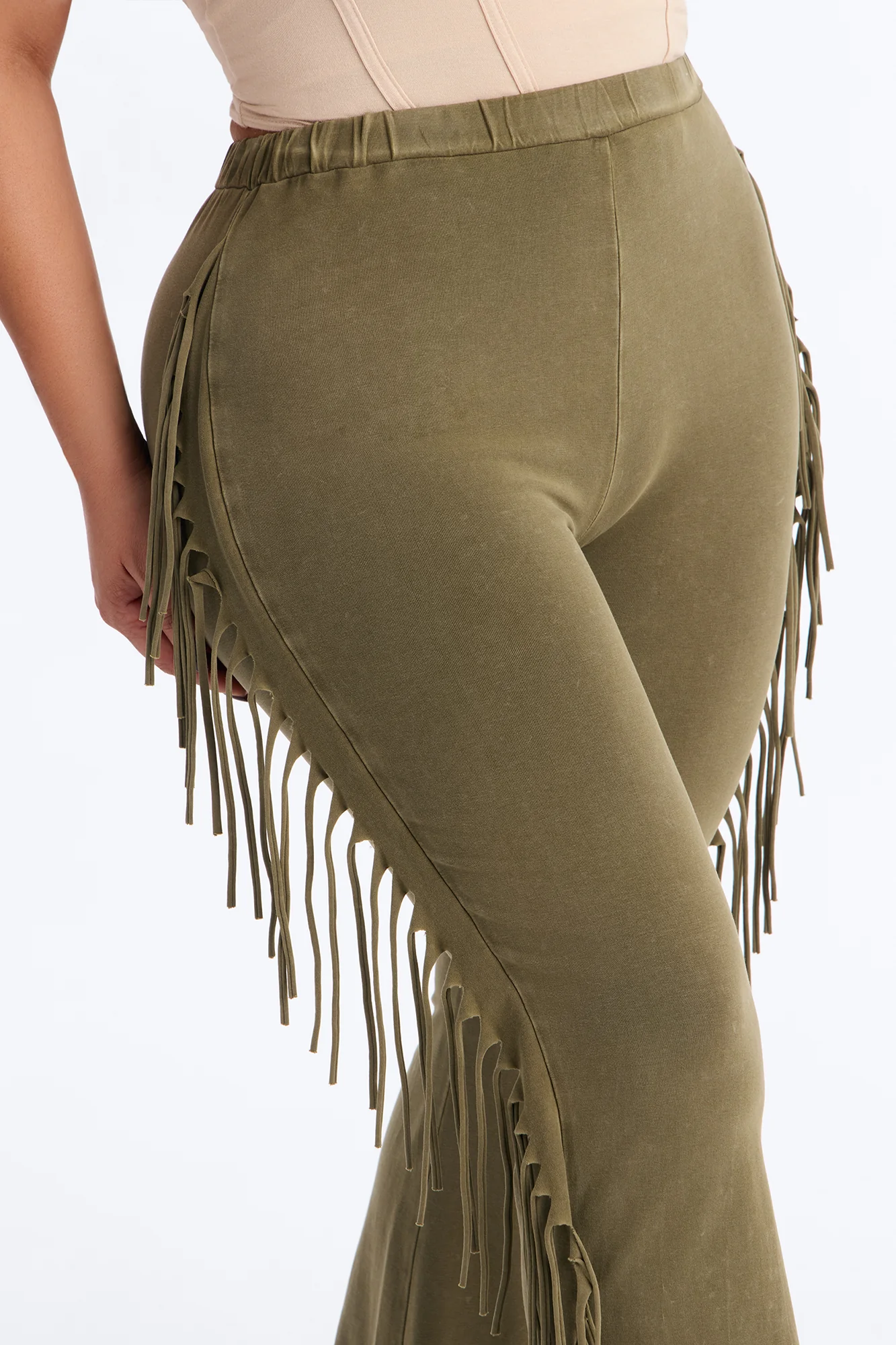 Josie Fringe Washed Mid Rise Flare Pant 33″ - Olive - Image 7