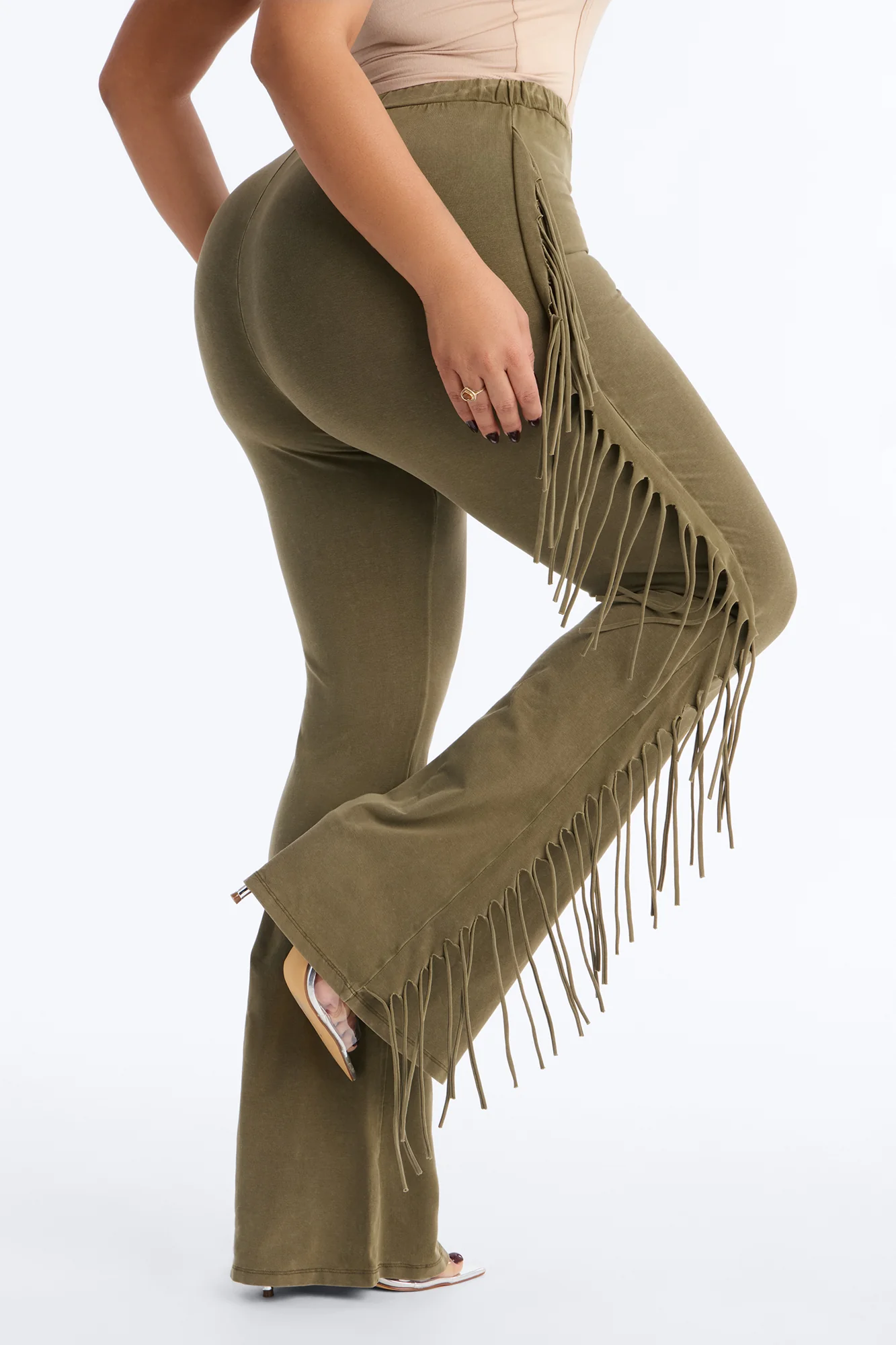 Josie Fringe Washed Mid Rise Flare Pant 33″ - Olive - Image 8