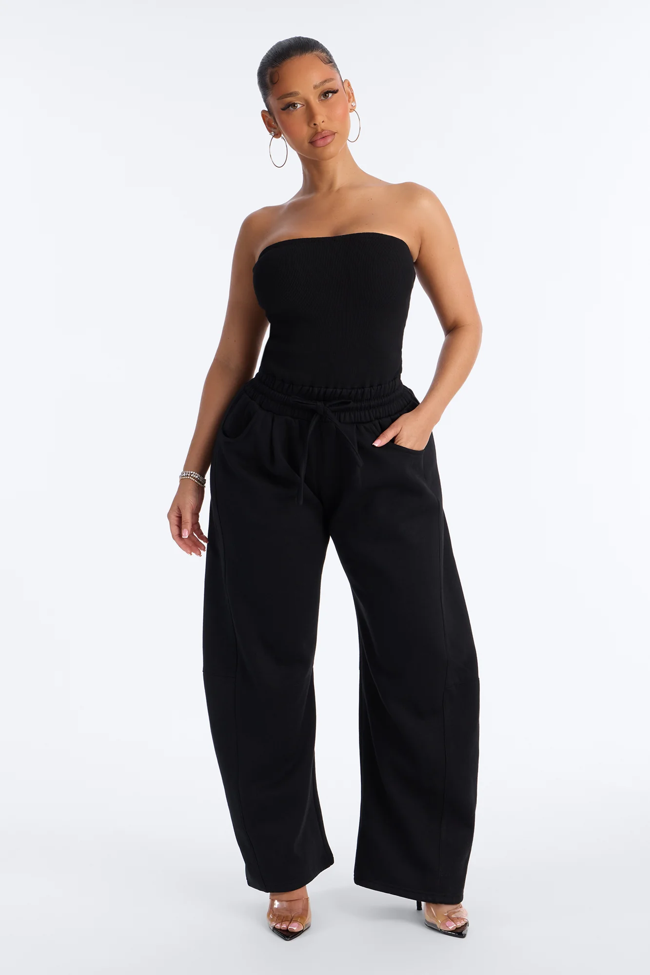 Jules Knit Tube With Fleece Barrel Leg Jumpsuit - Black