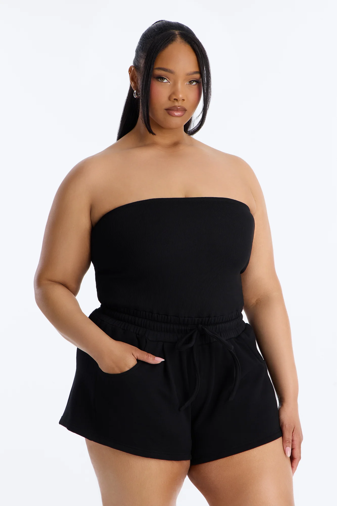 Jules Knit Tube With Fleece Short Romper - Black - Image 6