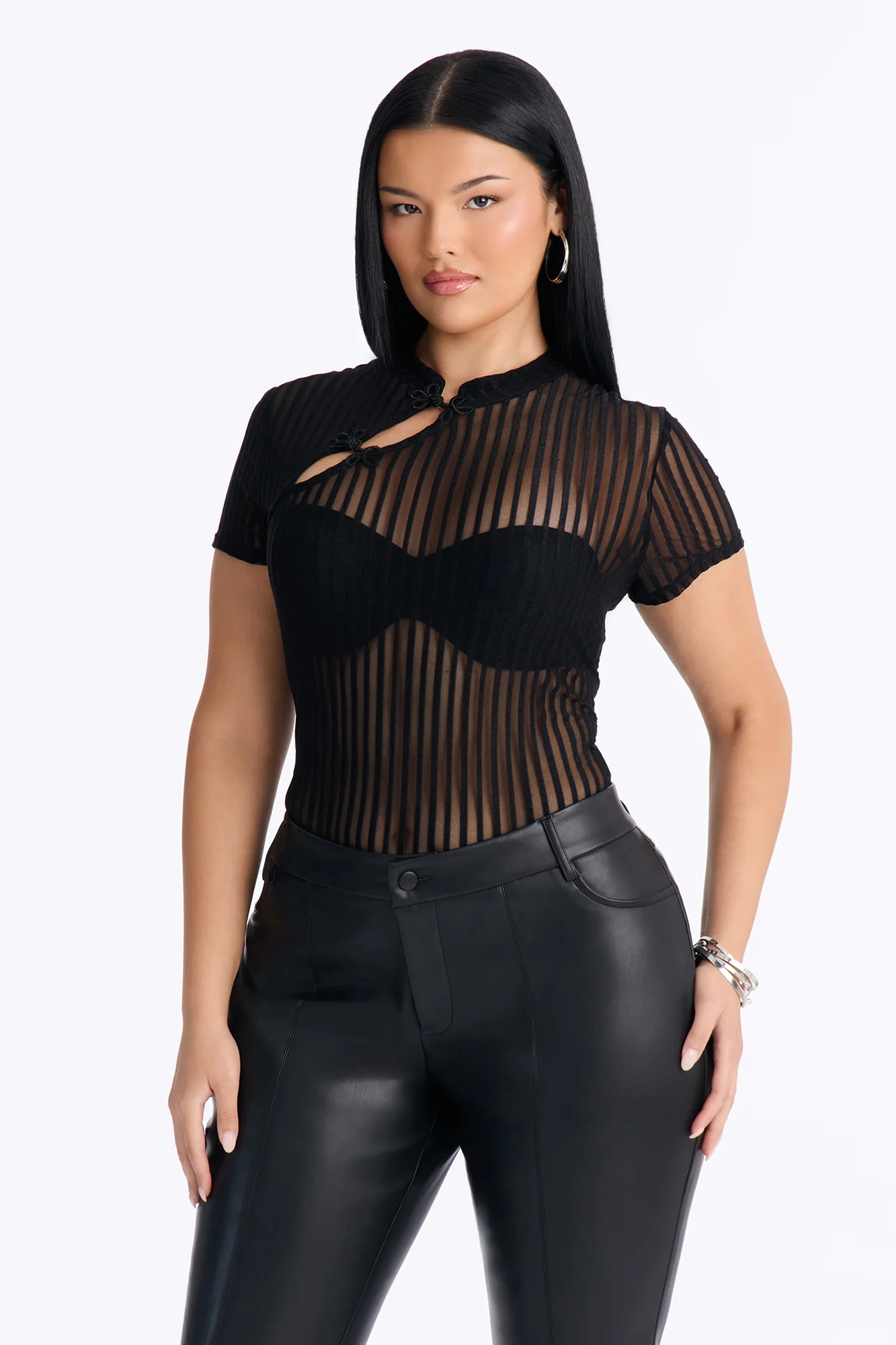 Juliana Mesh Mock Neck Short Sleeve Top - Black - Image 2
