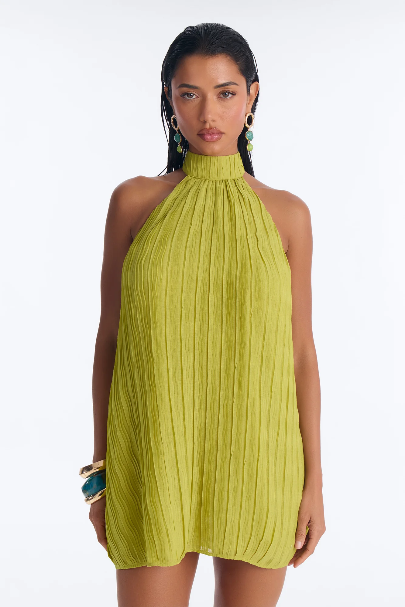 Juliet Plisse Chiffon Halter Mini Dress - Green - Image 2