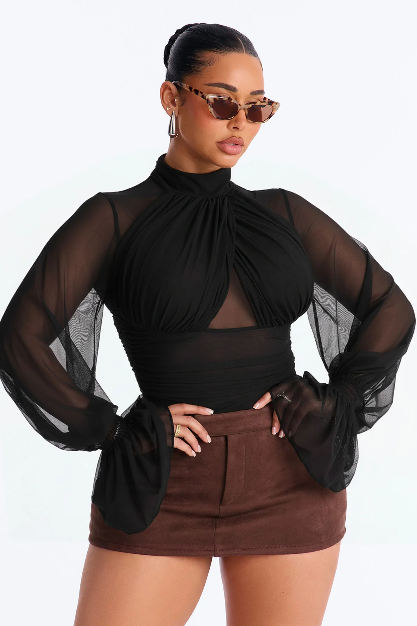 Juliet Ruched Mesh Long Sleeve Bodysuit - Black - Image 3