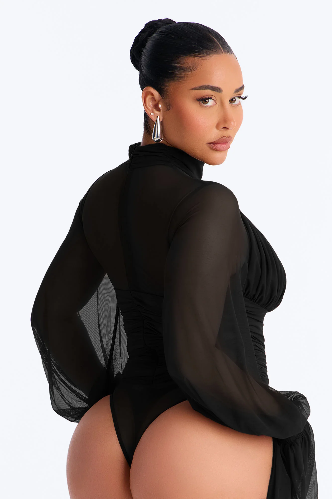Juliet Ruched Mesh Long Sleeve Bodysuit - Black - Image 4