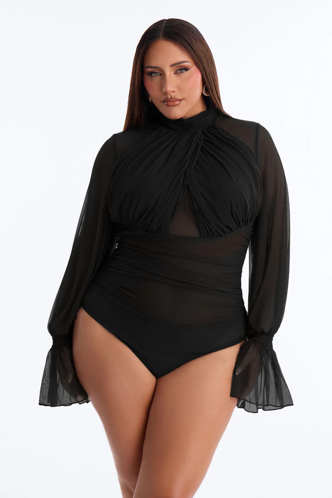 Juliet Ruched Mesh Long Sleeve Bodysuit - Black - Image 5