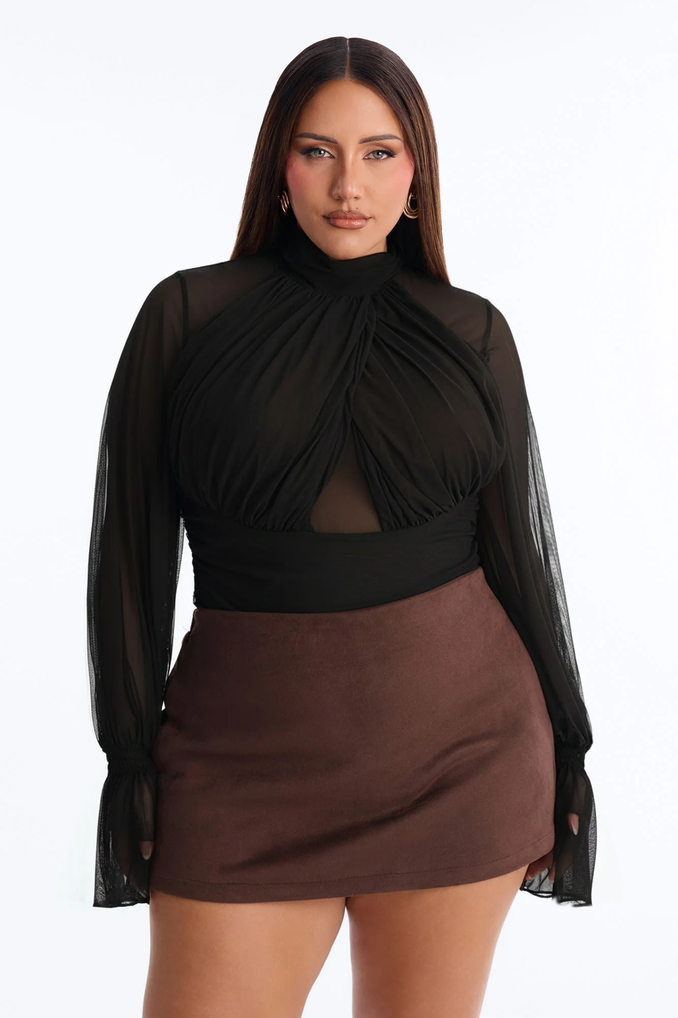 Juliet Ruched Mesh Long Sleeve Bodysuit - Black - Image 7