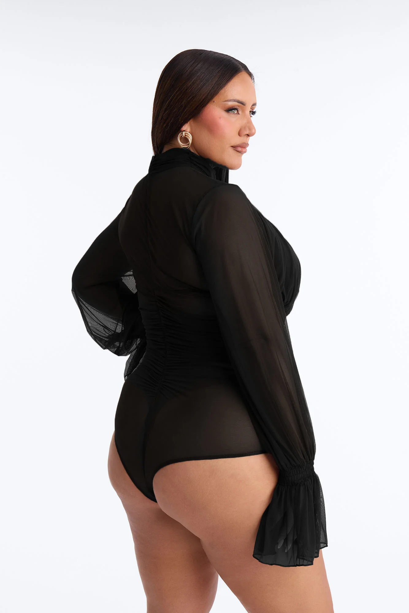 Juliet Ruched Mesh Long Sleeve Bodysuit - Black - Image 8