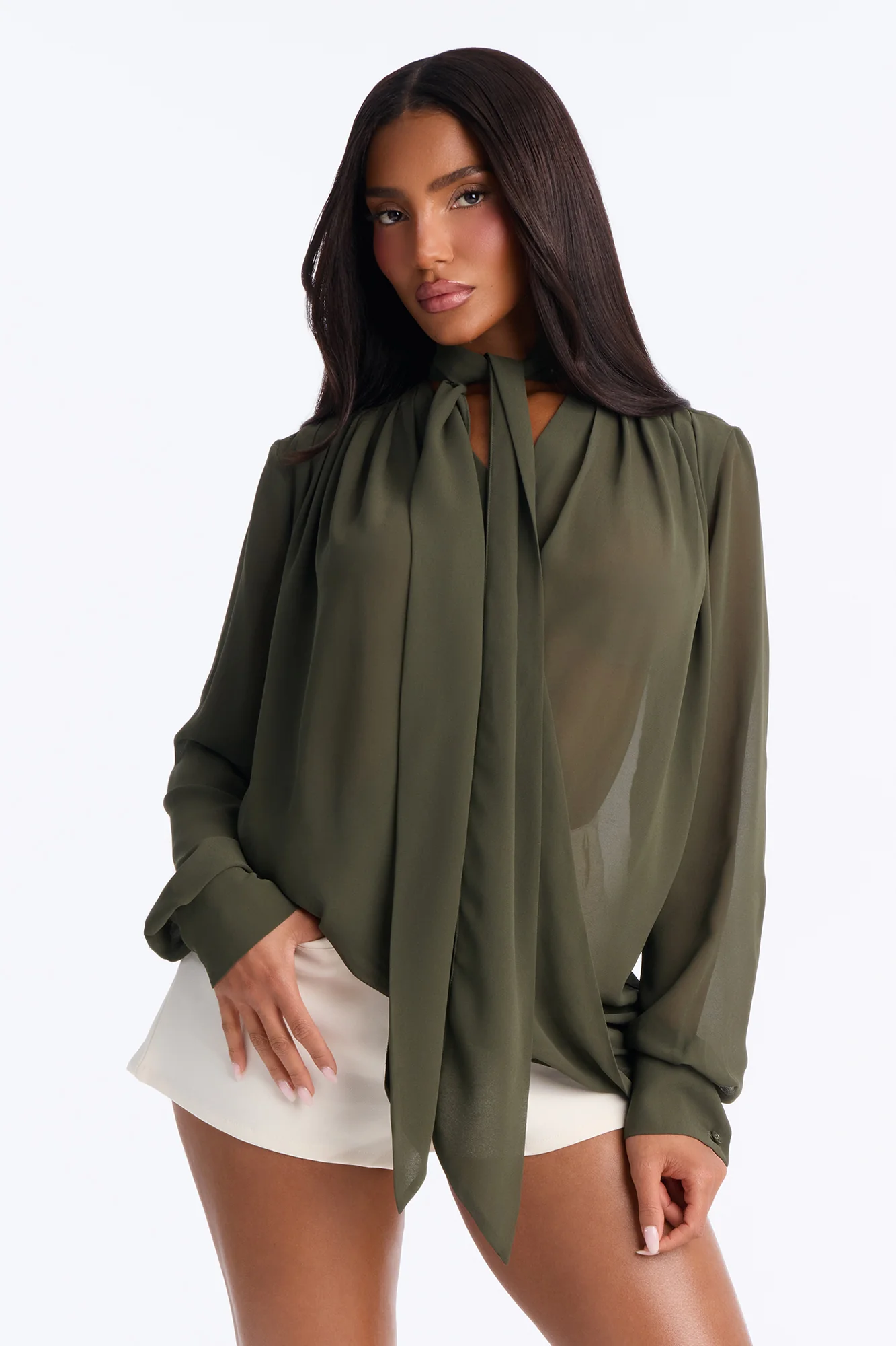 Juliette Chiffon Neck Tie Long Sleeve Top - Olive