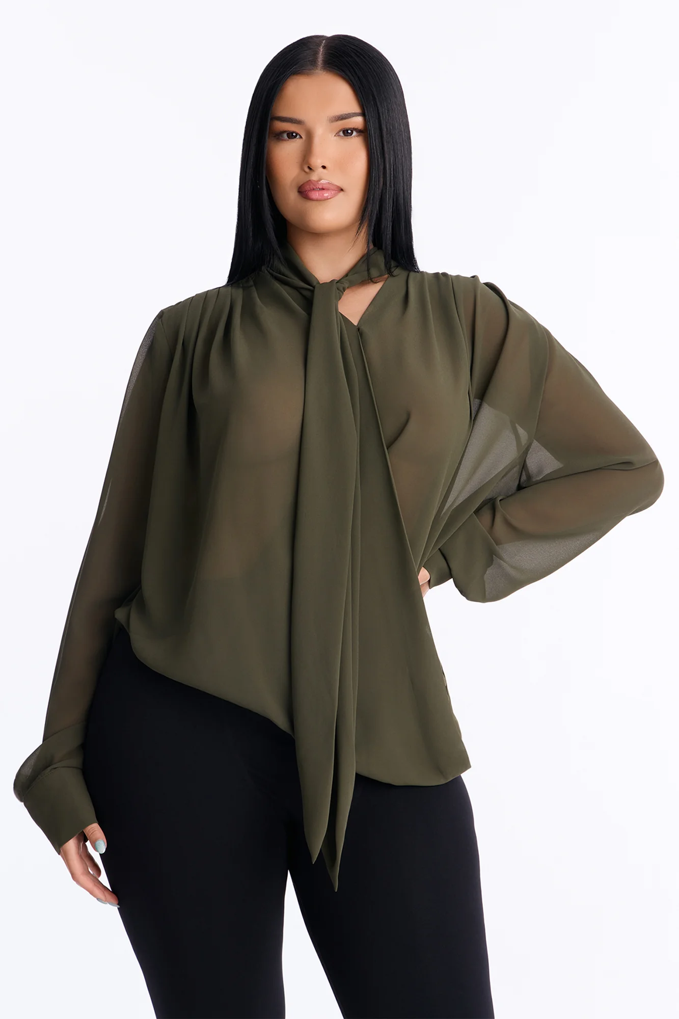 Juliette Chiffon Neck Tie Long Sleeve Top - Olive - Image 5