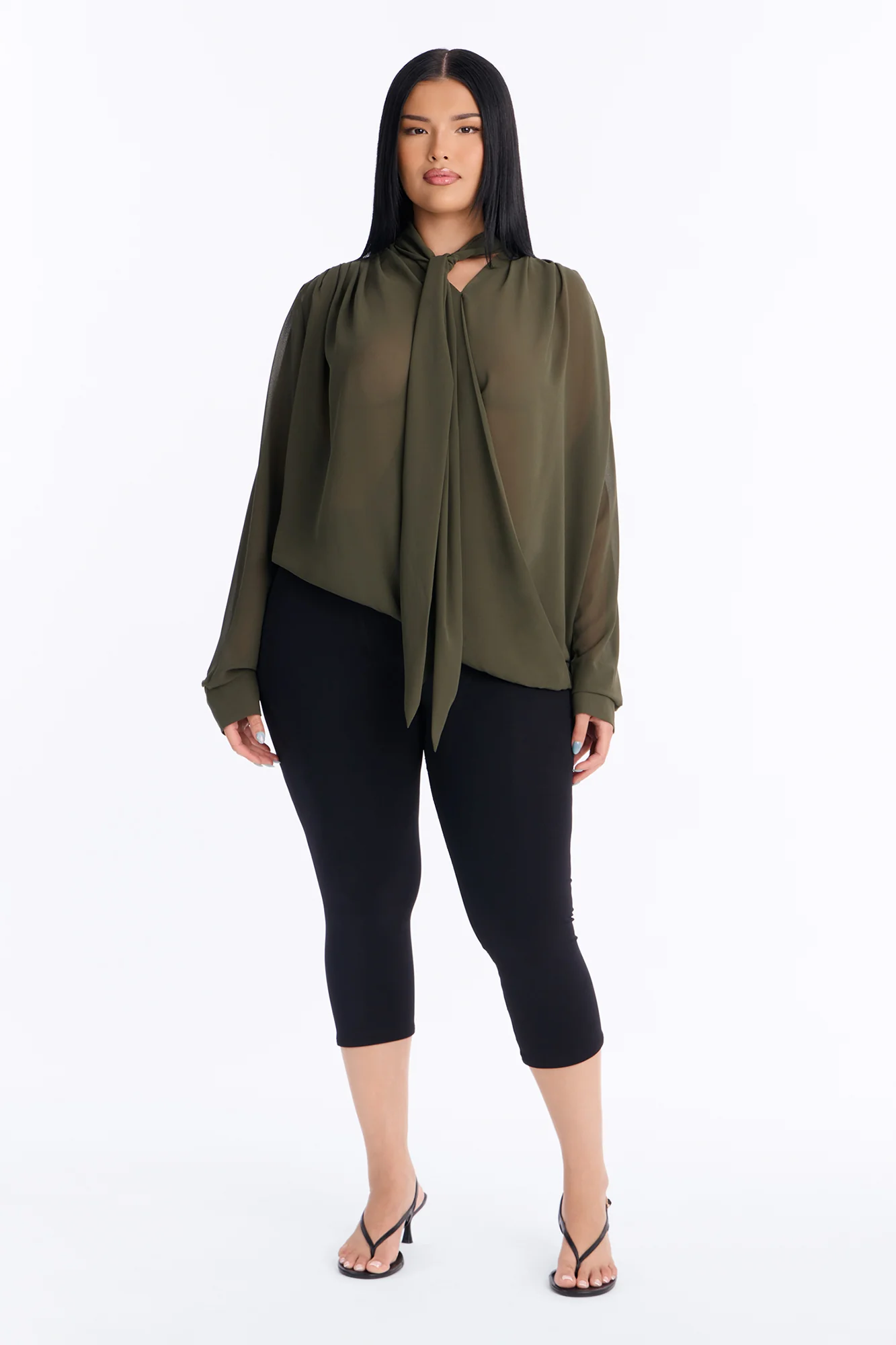 Juliette Chiffon Neck Tie Long Sleeve Top - Olive - Image 6