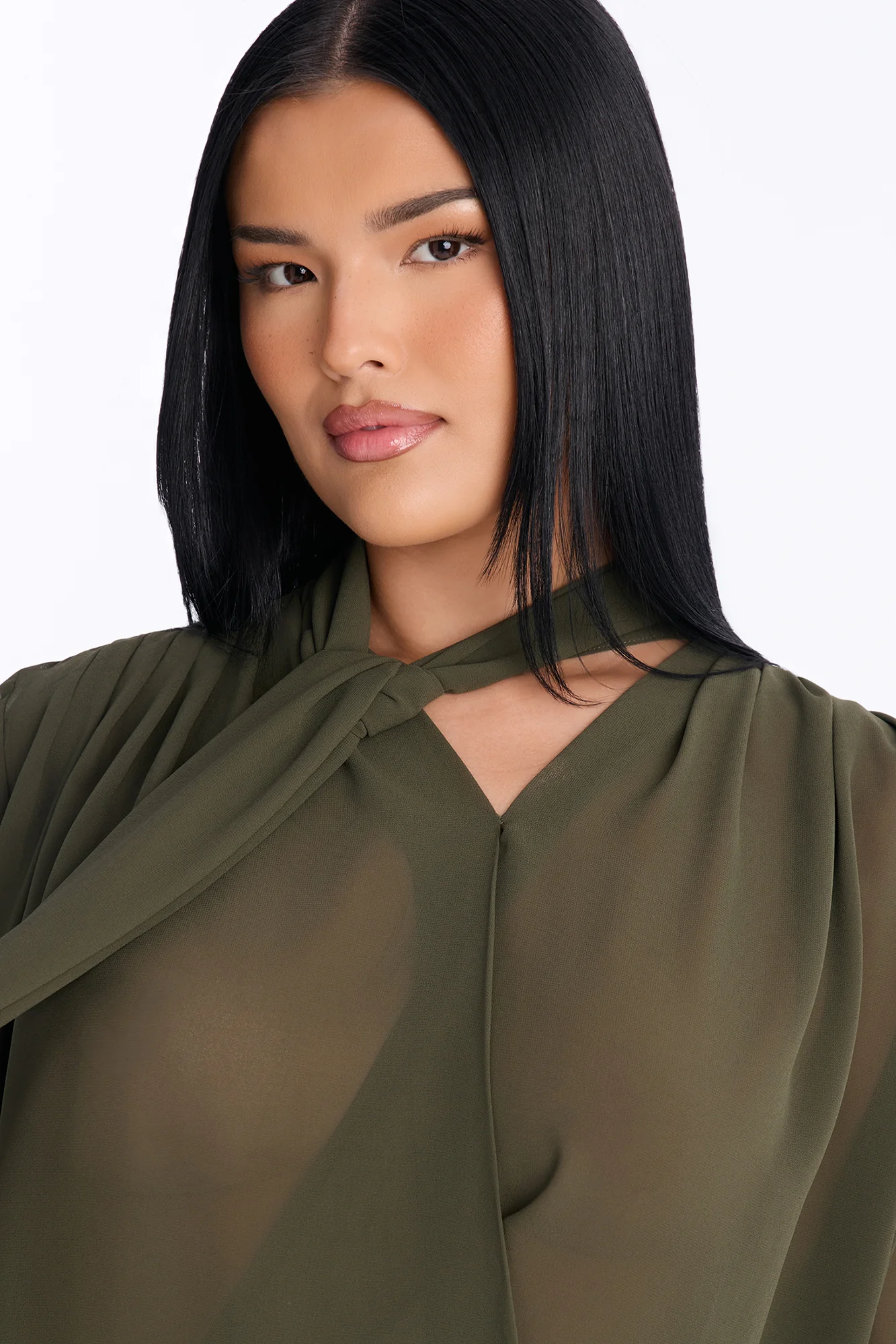 Juliette Chiffon Neck Tie Long Sleeve Top - Olive - Image 7
