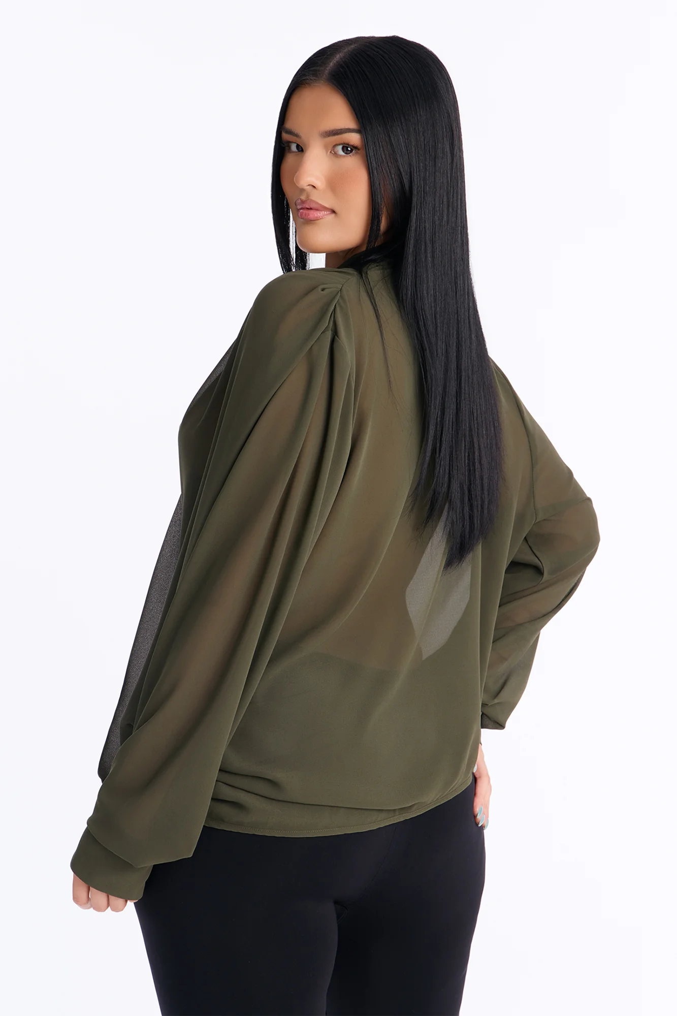 Juliette Chiffon Neck Tie Long Sleeve Top - Olive - Image 8