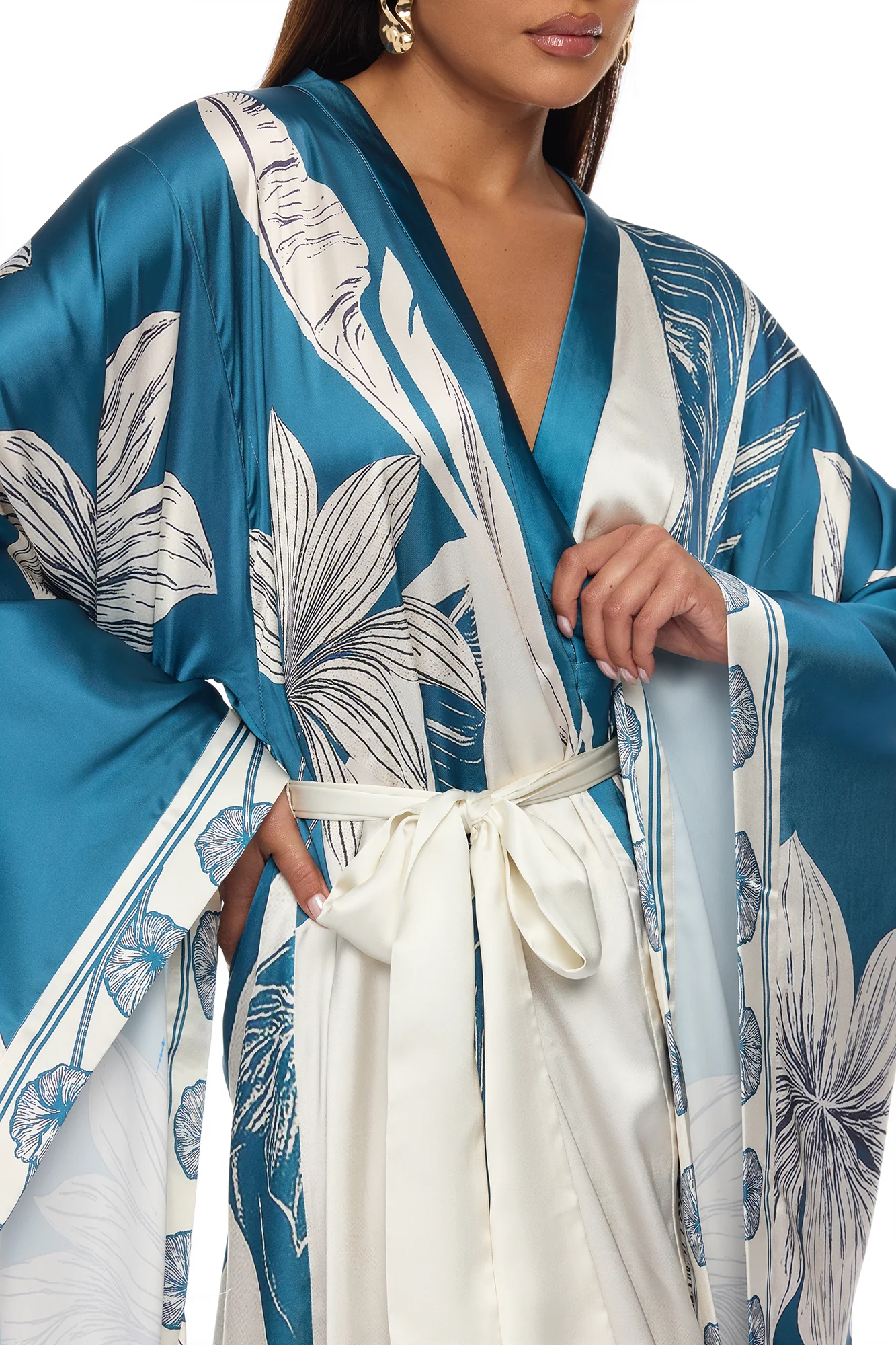Junie Bell Sleeve Satin Kimono - Teal/combo - Image 3