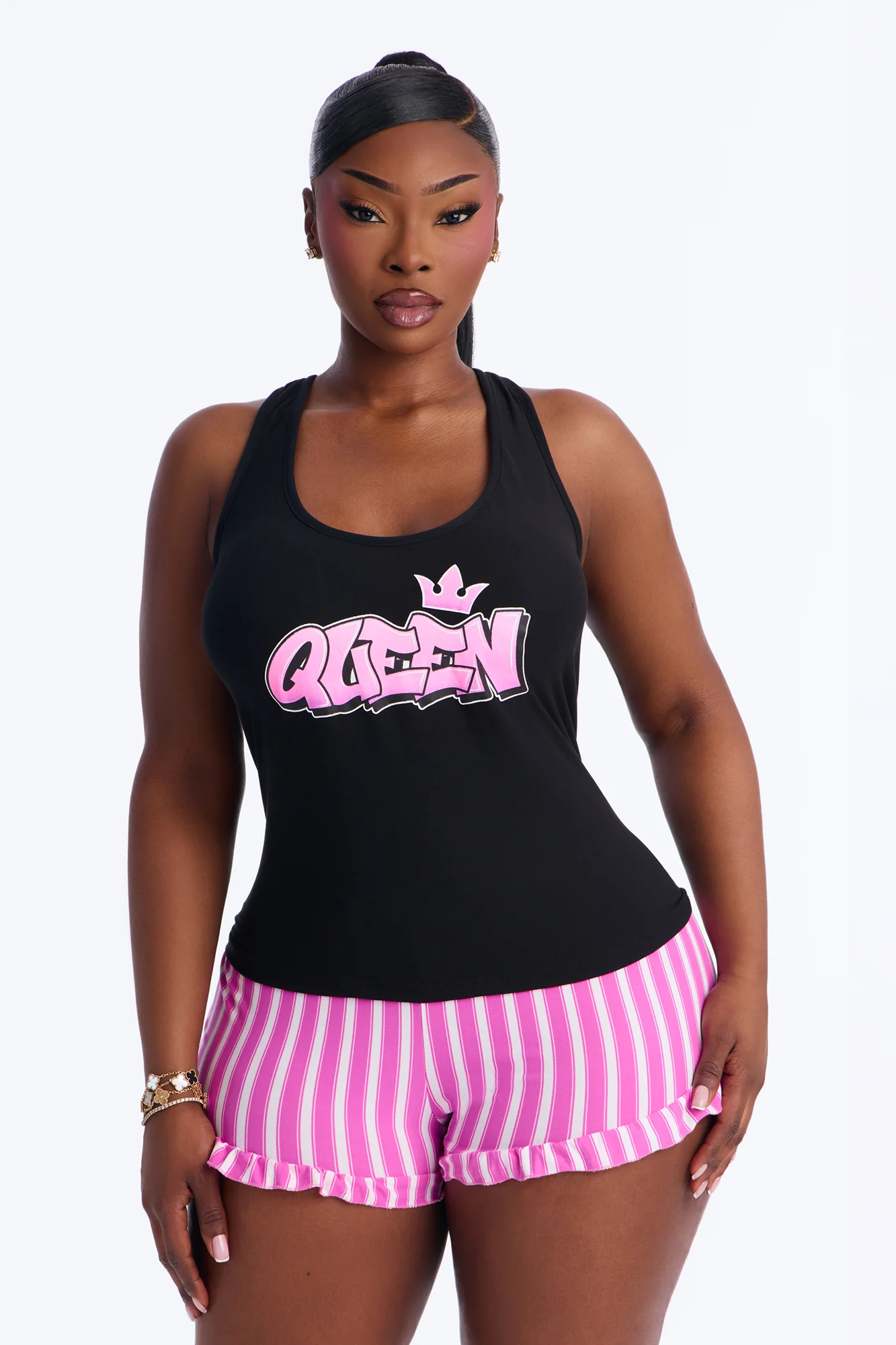 Just A Queen Racerback PJ Short Set - Black/Pink - Image 4