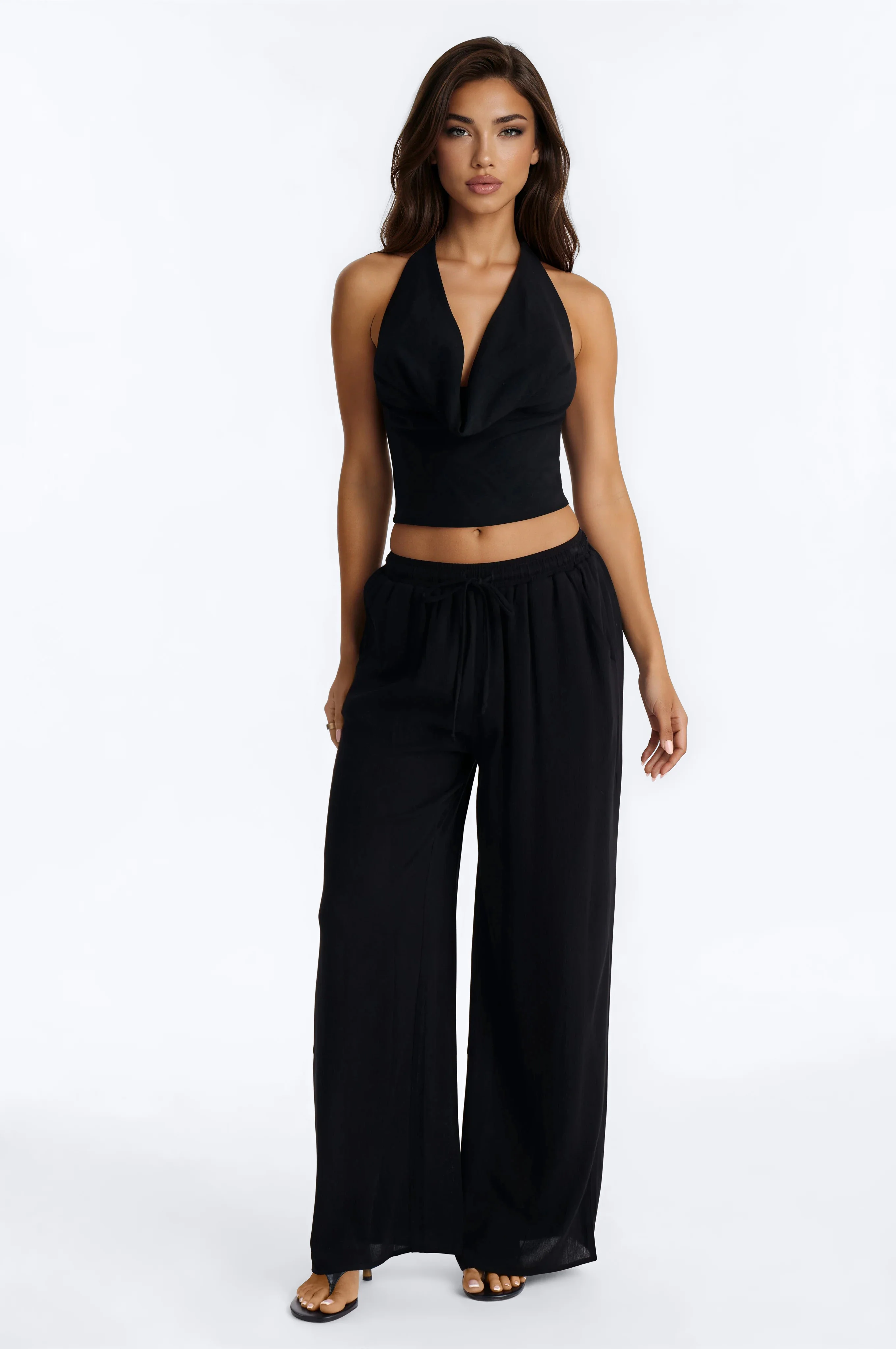 Just Out Here Cowl Neck Linen Halter Top - Black - Image 2