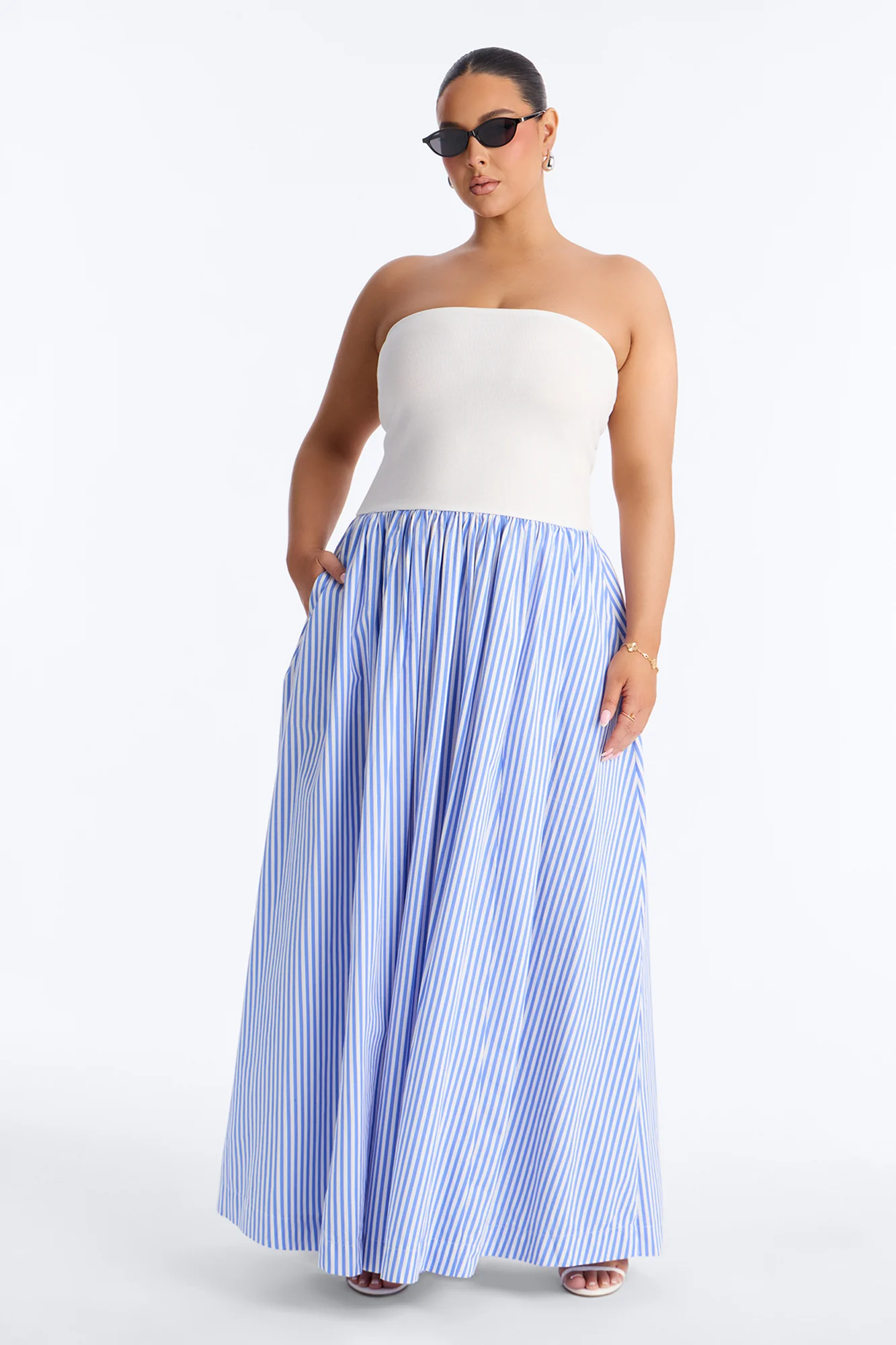 Kaia Strapless Poplin Maxi Dress - White/Blue - Image 4