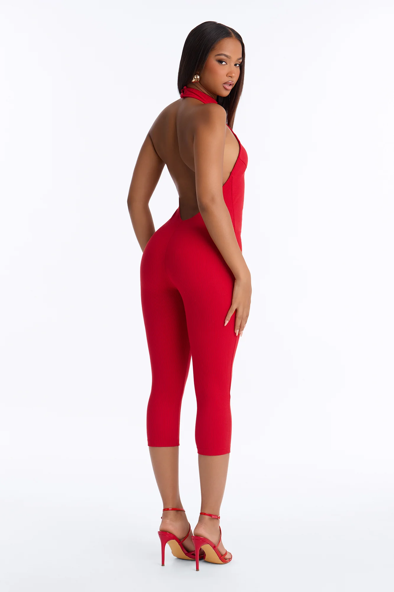 Kaila Snatched Capri Halter Jumpsuit - Red - Image 4